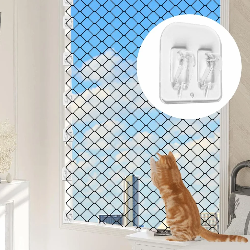 Lot de 50 crochets adhésifs pour filet de chat - Résistant aux intempéries et UV - Transparent
