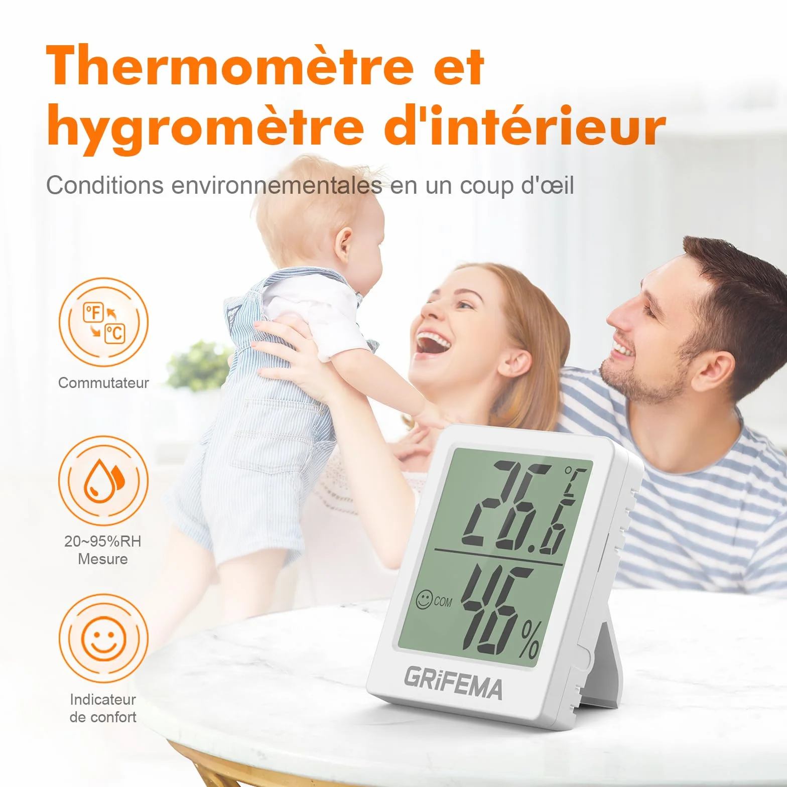 GRIFEMA GA2902 Mini Hygromètre Numérique Thermomètre Intérieur de l'hygromètre, Petit Testeur d'humidité Numérique, Convient Pour Serres, Pépinières, Caves, Thermomètre pour reptile, Blanc