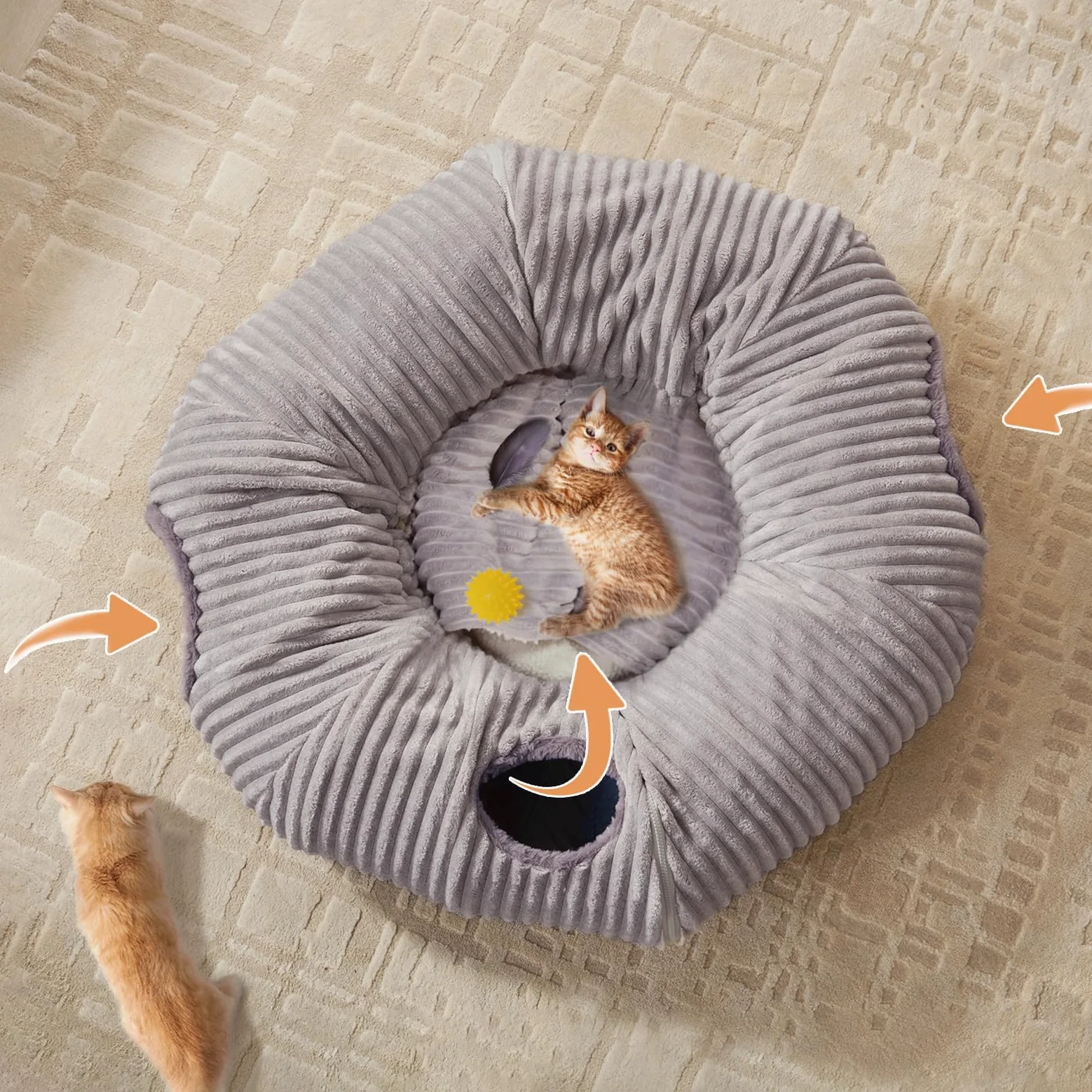 Grand lit tunnel pour chat d'intérieur, jouet tunnel en forme de donut avec coussin circulaire lavable, tente occultante, aire de jeux multifonctionnelle, cachette pour chaton, lapin, furet
