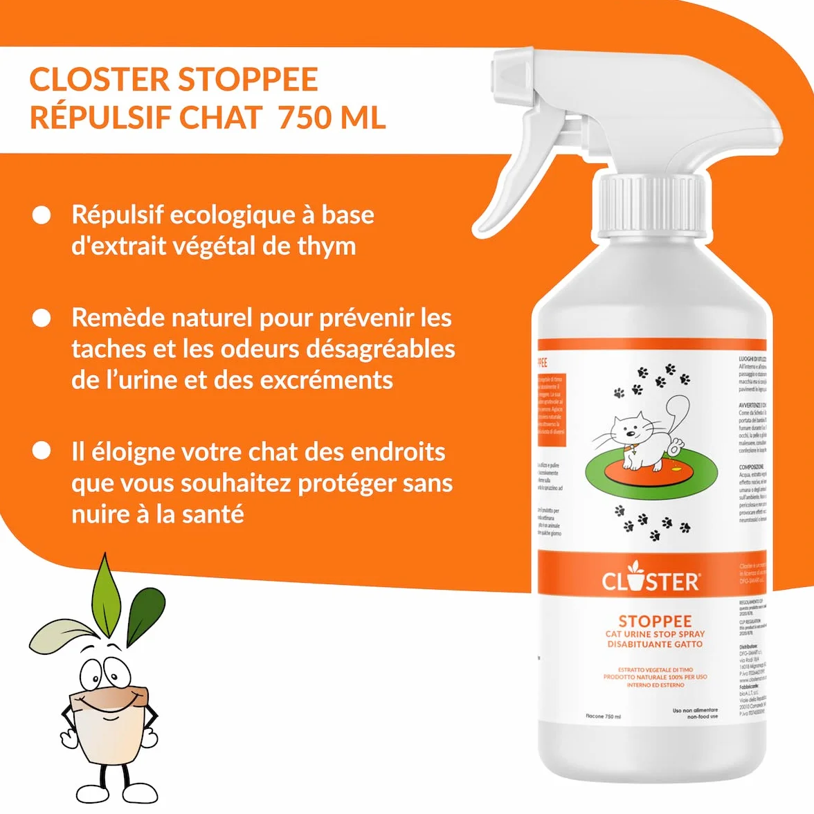 Désodorisant pour Chats 750 ML Spray Répulsif Végétal à Base de Thym Dissuasif pour Chats Intérieurs Extérieurs