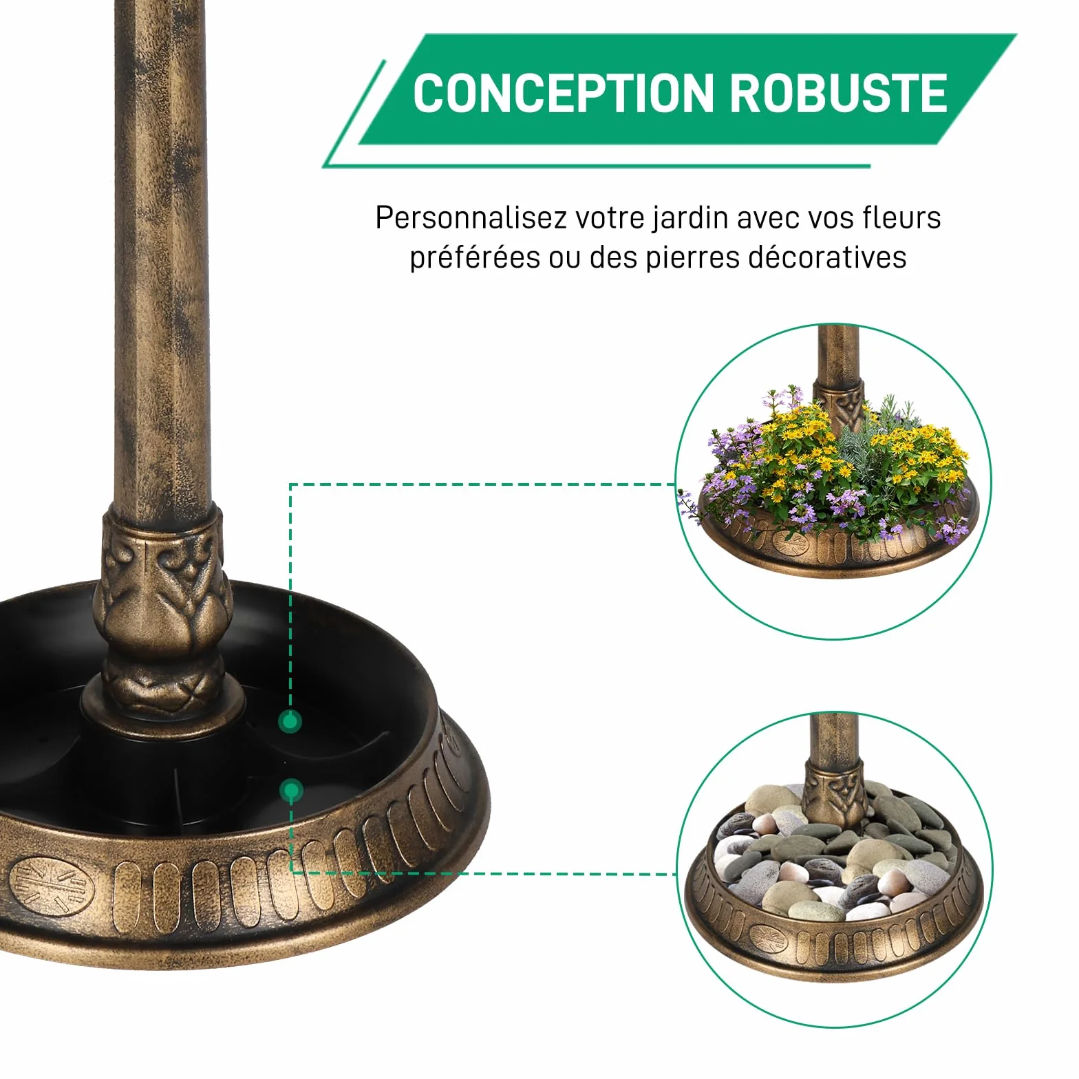 LEADZM Abreuvoir Oiseaux Exterieur Solaire avec Lampe - Mangeoire Oiseaux Exterieur, Support Remplissable, 51x51x106 cm, Bronze