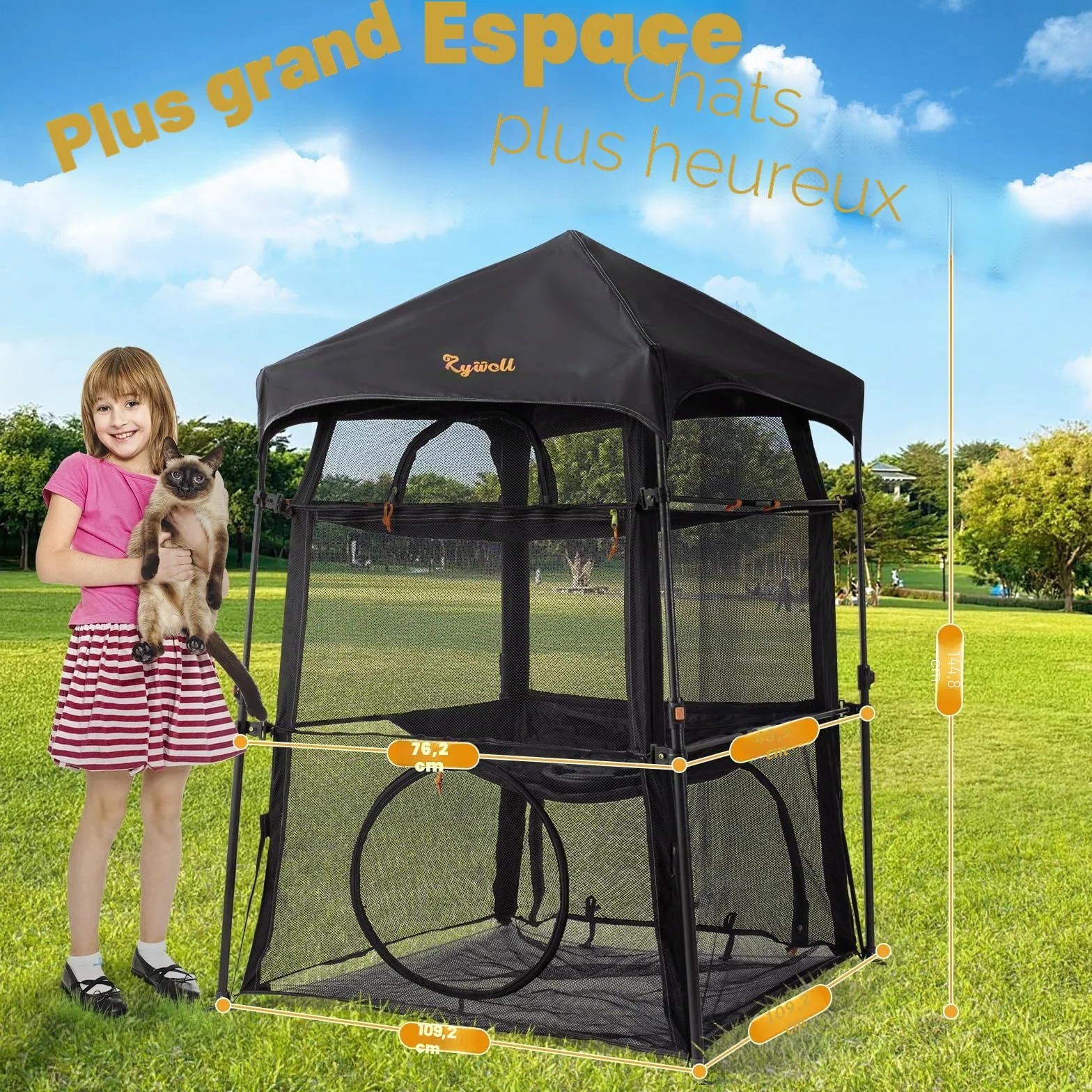 Rywell Enclos pour Chat Extérieur 145x110x110cm 3 Niveaux Pliable avec Sac de Transport
