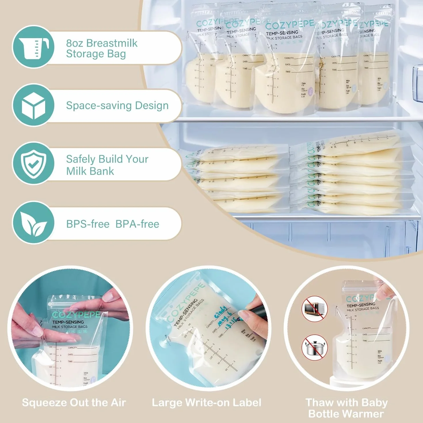 Sacs de Conservation du Lait Maternel 100 PCS 250ml avec Bec Verseur et Changement de Couleur Sensible à la Température