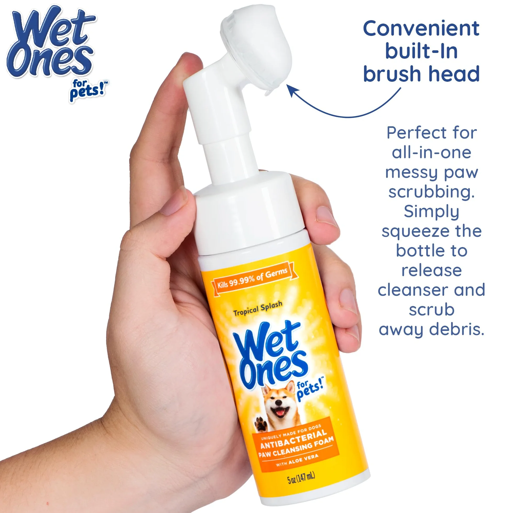 Wet Ones for Pets Lot de 6 nettoyeurs antibactériens pour pattes de chien avec brosse à récurer intégrée, parfum éclaboussures tropicales, nettoyant moussant pour pattes de chien, nettoyeur de pattes