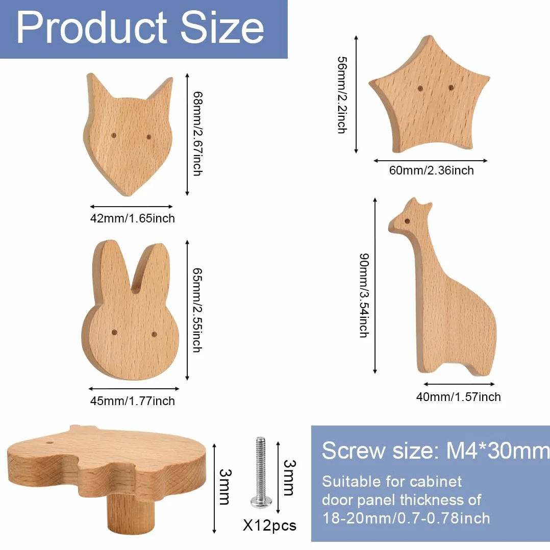 Poignées de tiroir en bois Lot de 12 boutons de placard forme animale Lapin Lion Renard Chat pour meubles cuisine