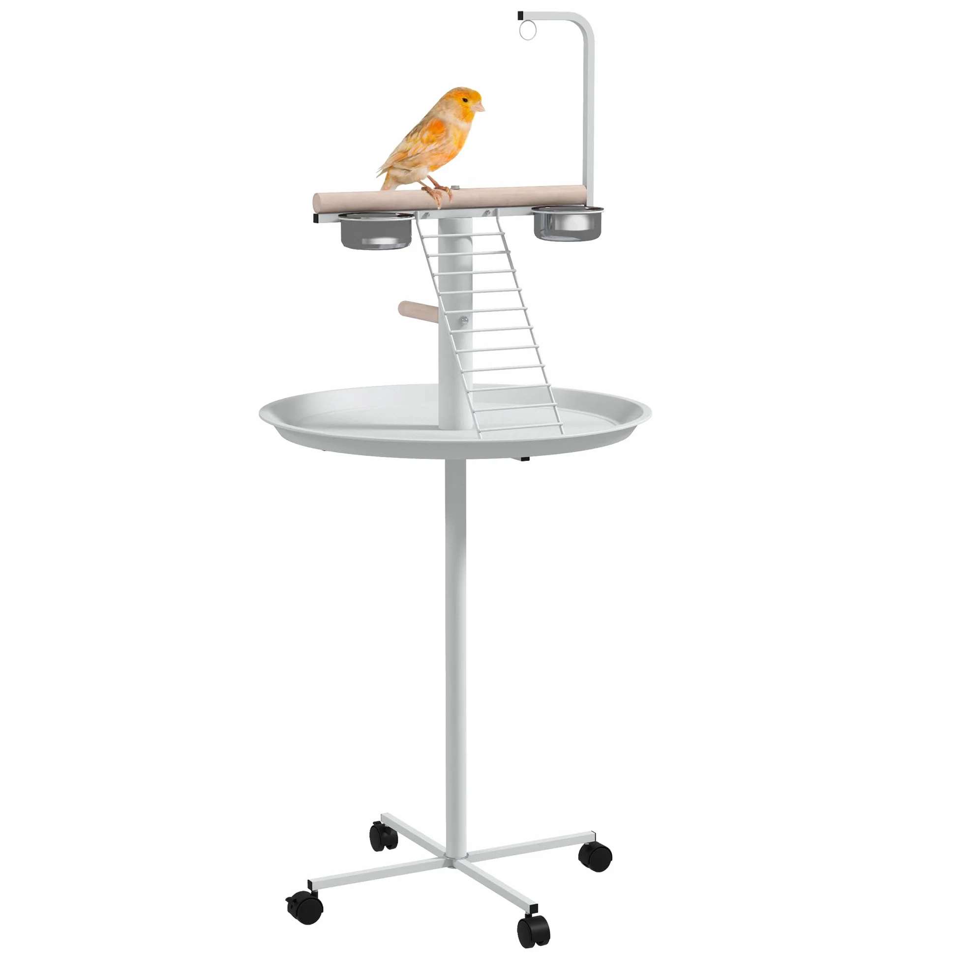 PawHut Mangeoire à Oiseaux sur Pied Acier Inoxydable 2 Bols Amovibles Ø 60 x 138H cm Blanc