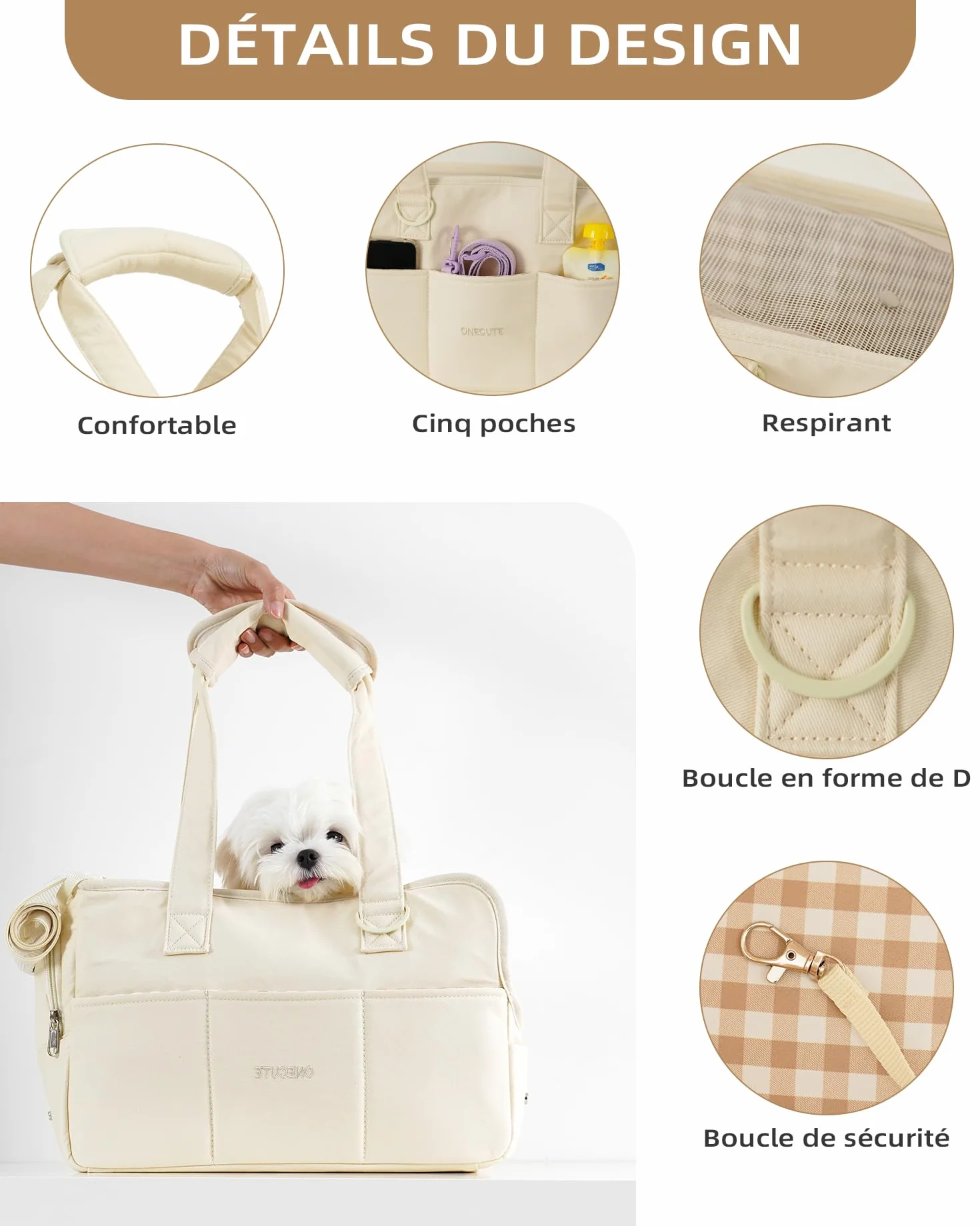 ONECUTE Sac de Transport pour Chat Chien Respirant Pliable Voyage jusqu'à 3 kg Beige