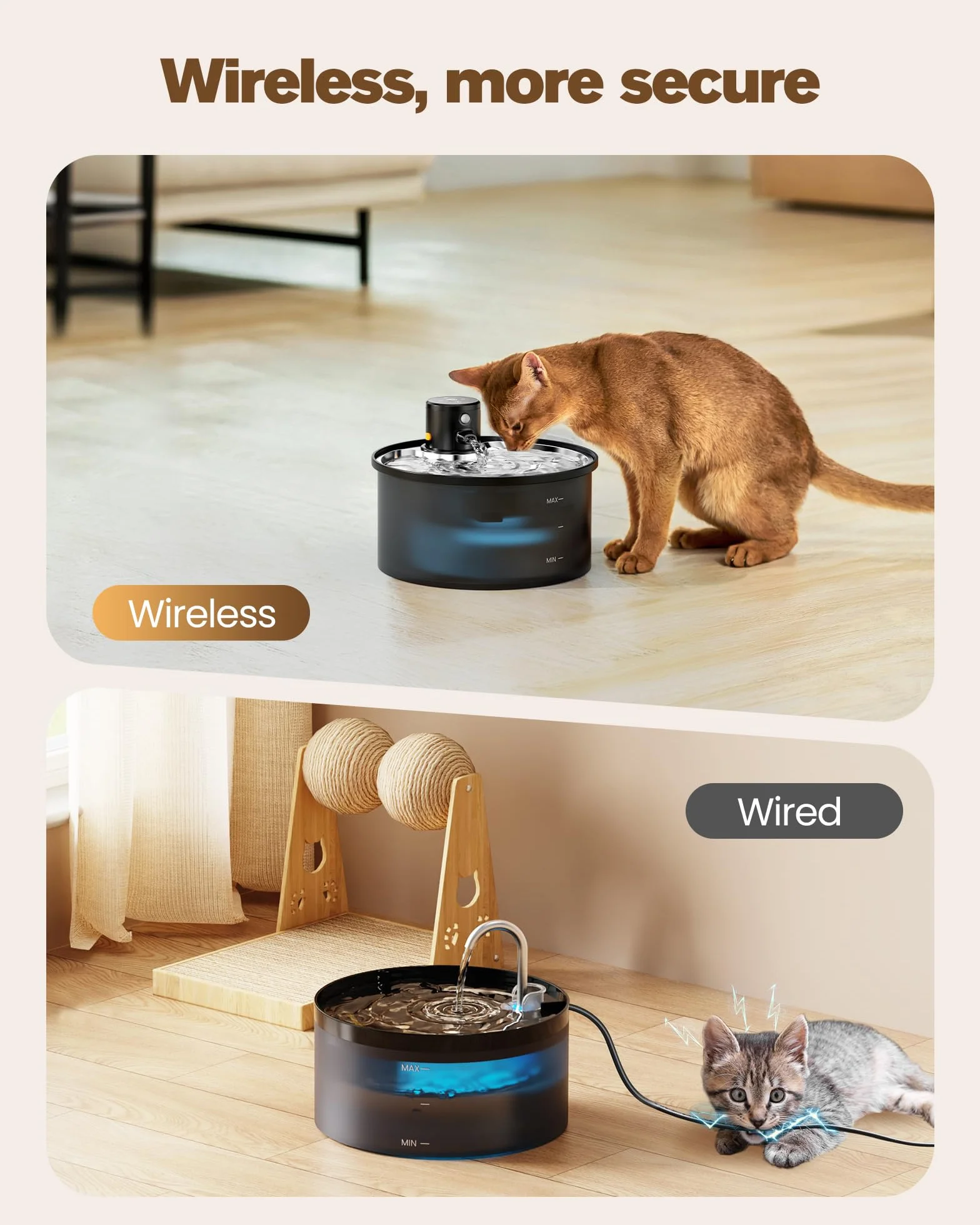 Fontaine à Eau pour Chat sans Fil avec Détecteur de Mouvement 3,2L Distributeur Automatique à Pile Batterie 4000mAh Rechargeable INOX