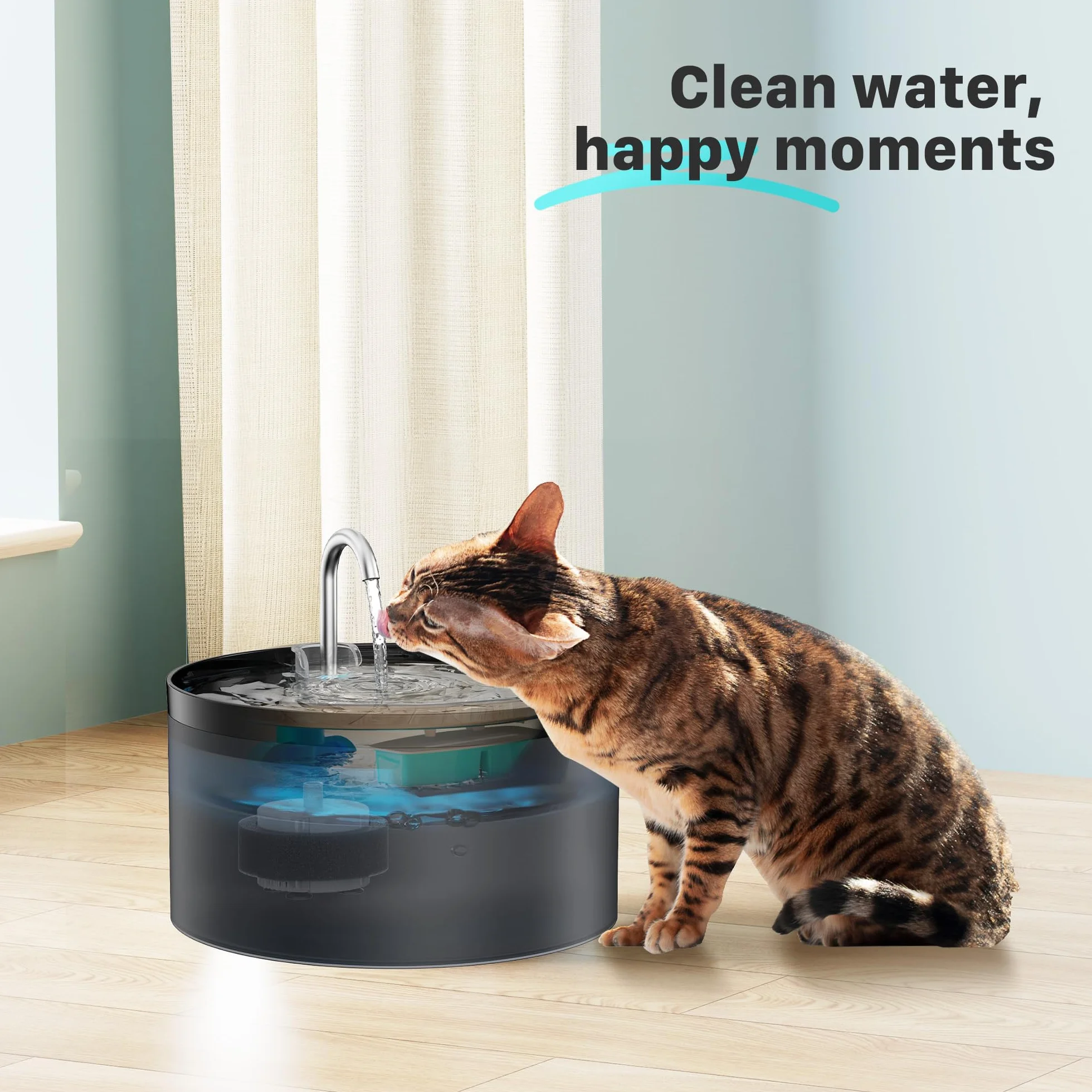 Fontaine à Eau pour Chat avec Filtre, 3,2L, Multi-Filtration, 6 Filtres à Charbon + 6 Éponges