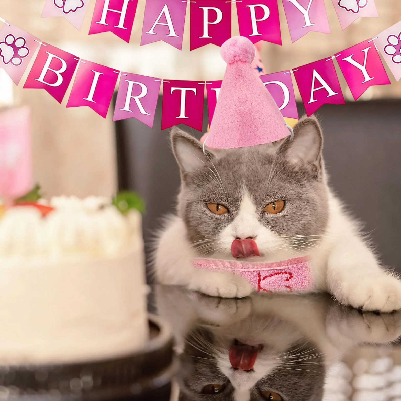 SSKHE 3PCS Chapeau Écharpe Bannière d'anniversaire pour Petit Chien Chat, Fournitures De Fête d'anniversaire pour Kitten, Décorations Kit De Décoration Brodées avec Nœud Papillon (Pink, One Size)