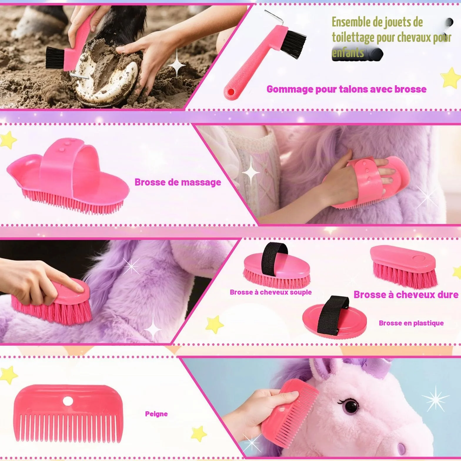 Magic Brush Hobby Horse Accessoires pour enfants - Boîte de nettoyage pour chevaux - Jouet rose avec sac