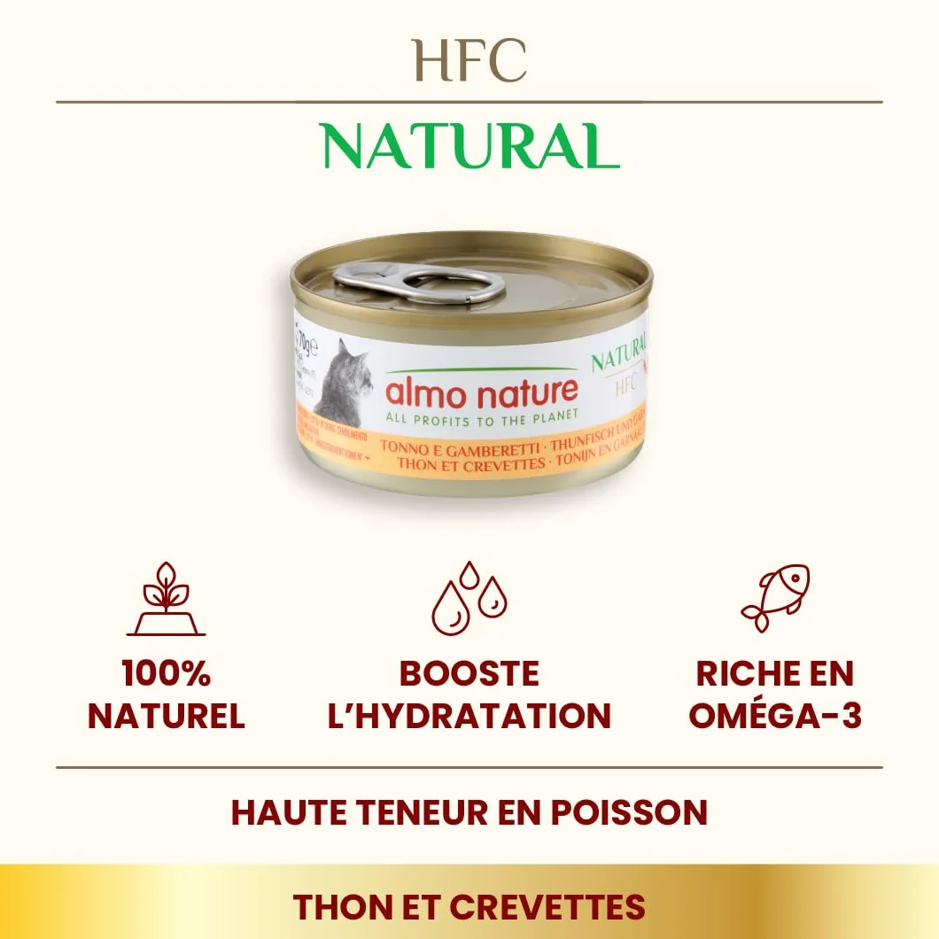 Almo Nature HFC Natural Nourriture Humide pour Chat Adulte Thon et Crevettes 70 g x 24 Boîtes