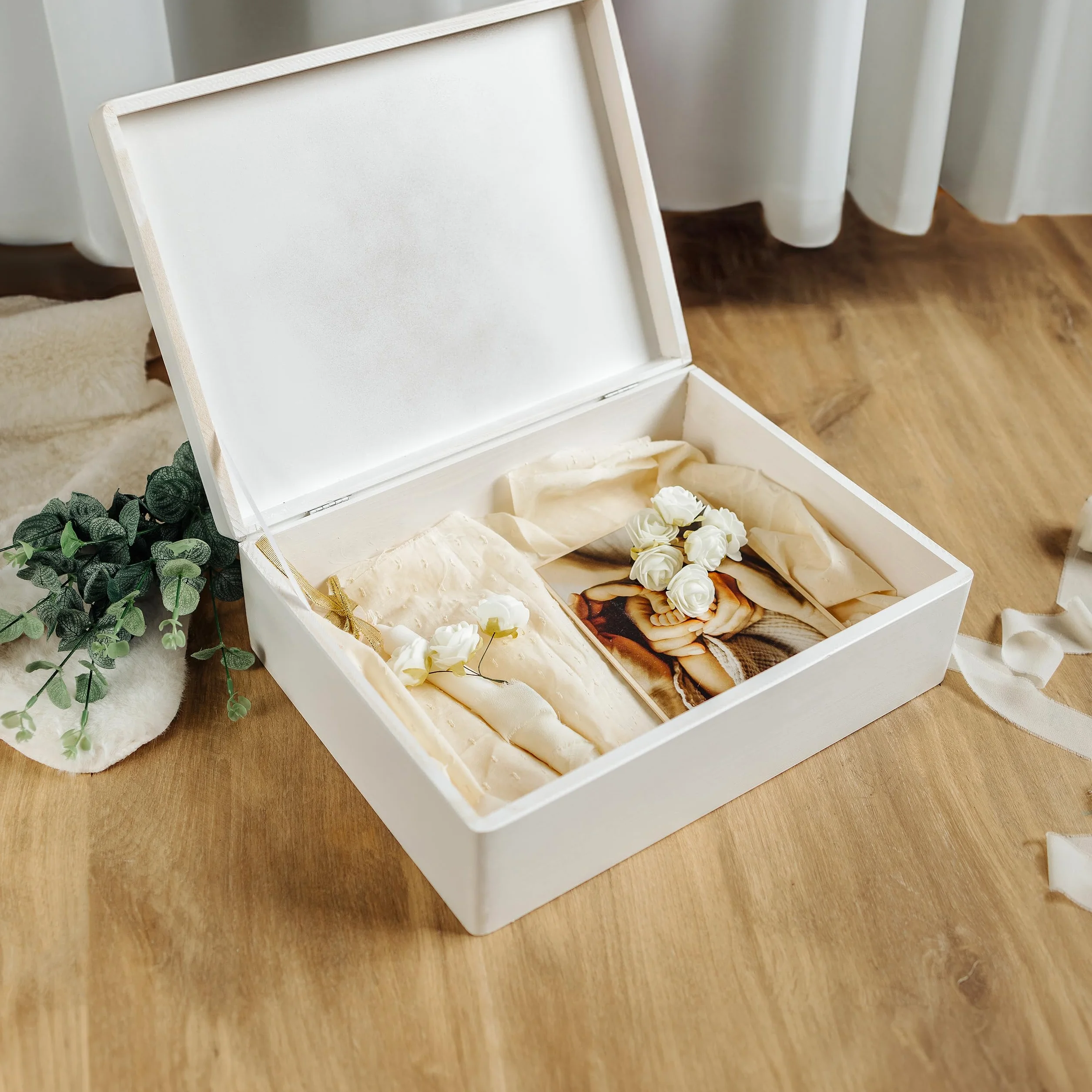 Boite Cadeau Personnalisé Bapteme Garçon Fille en Bois Blanc avec Bougie