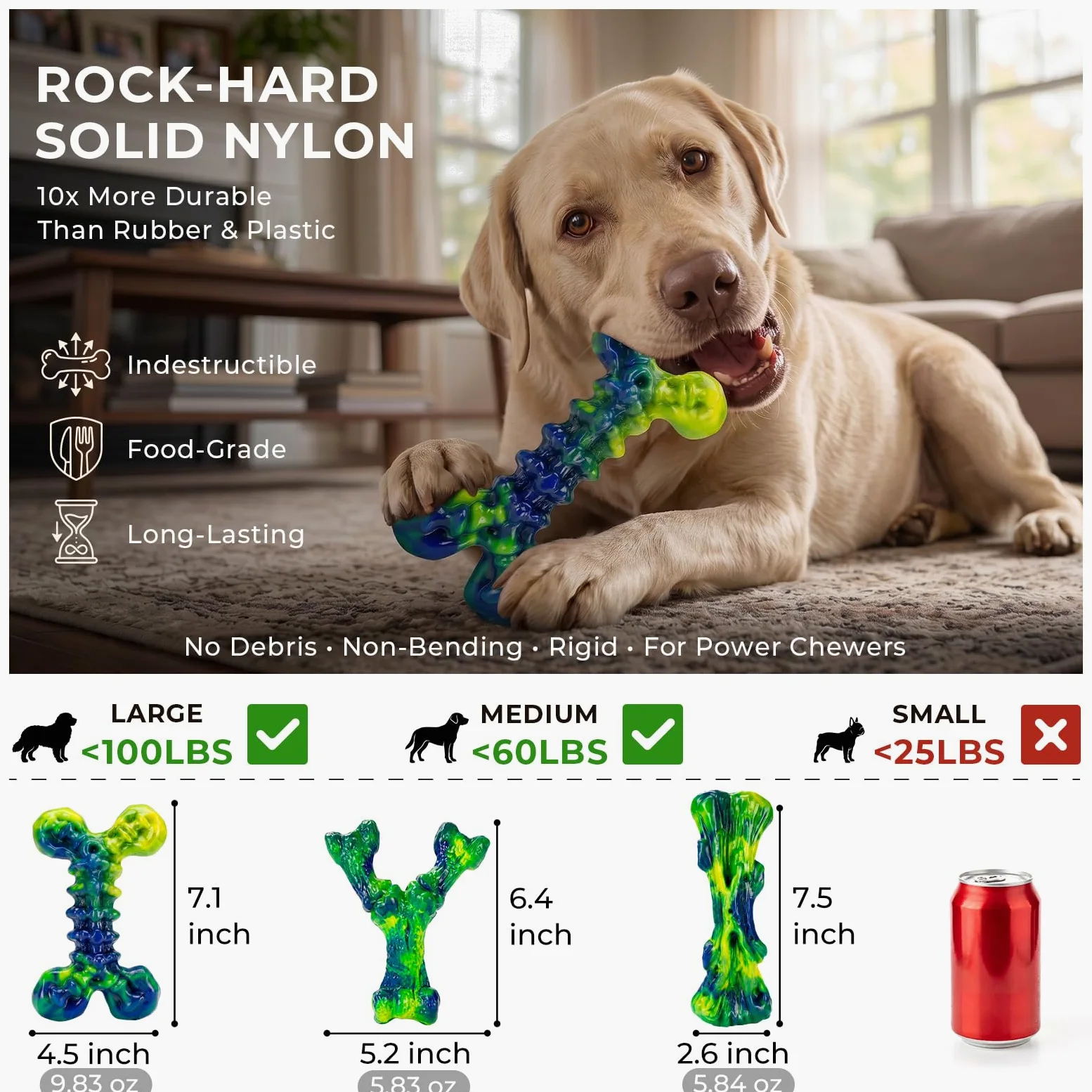 Kseroo Jouets à mâcher indestructibles pour chiens agressifs : lot de 3 os à mâcher en nylon au beurre d'arachide pour chiens de taille moyenne et grande de 11,3 à 36,3 kg, formes difficiles à mâcher