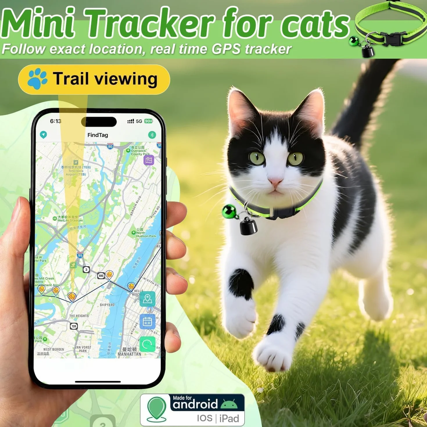 Collier GPS pour Chat Sans Abonnement, Localisateur GPS avec Suivi en Temps Réel, Compatible iOS/Android, Imperméable, Batterie Longue Durée (Vert)