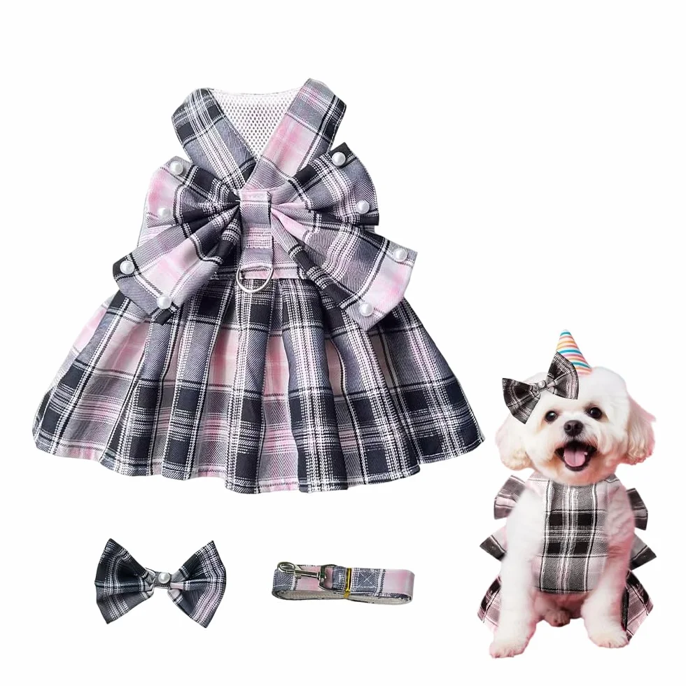 Robe pour Chien Tartan Rose Noir Noeud Papillon Vêtement Canin Respirant Mariage Cérémonies M