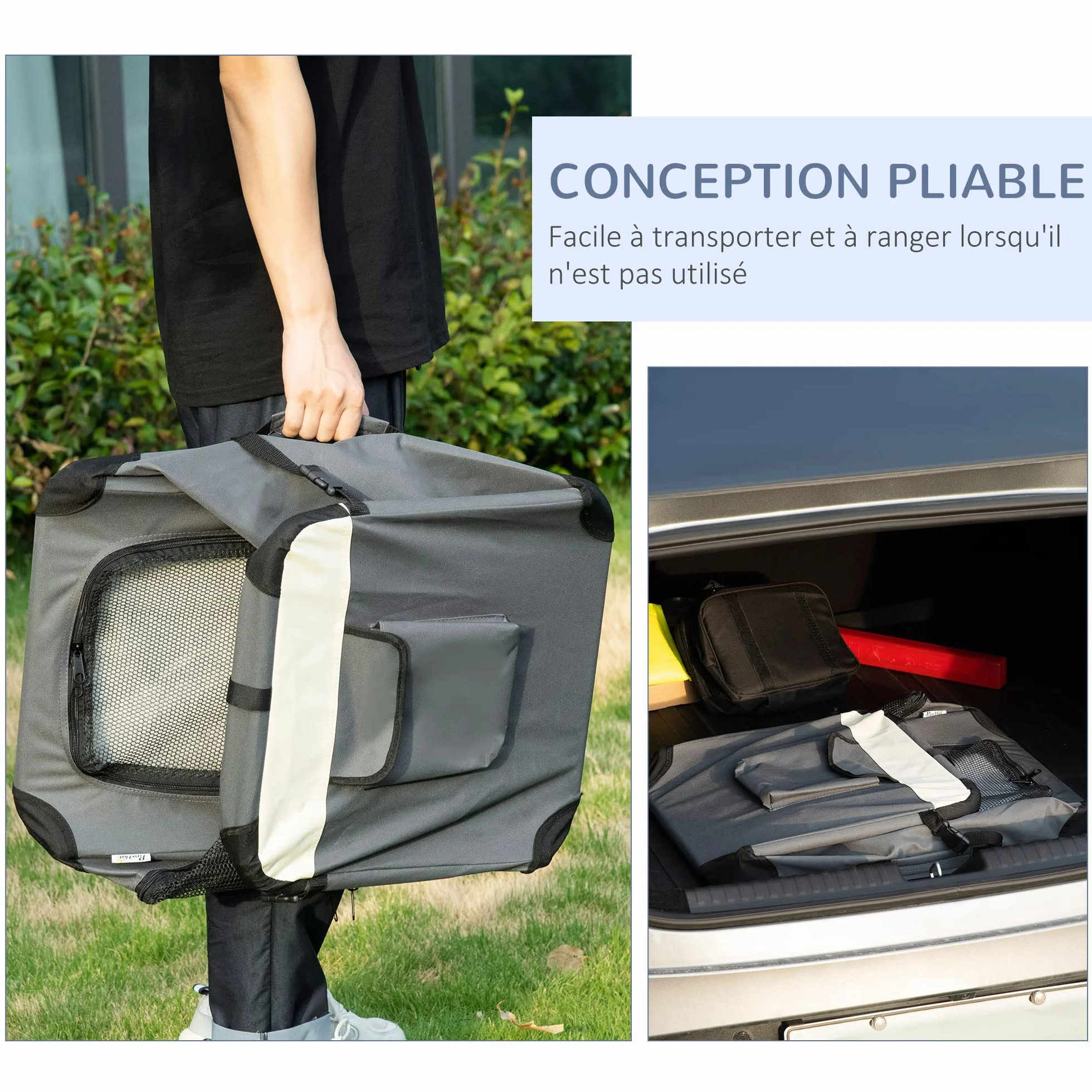 PawHut Panier de Transport pour Animal de Compagnie Pliable Portable Ouverture Supérieure Tissu Maille Respirant Gris Noir