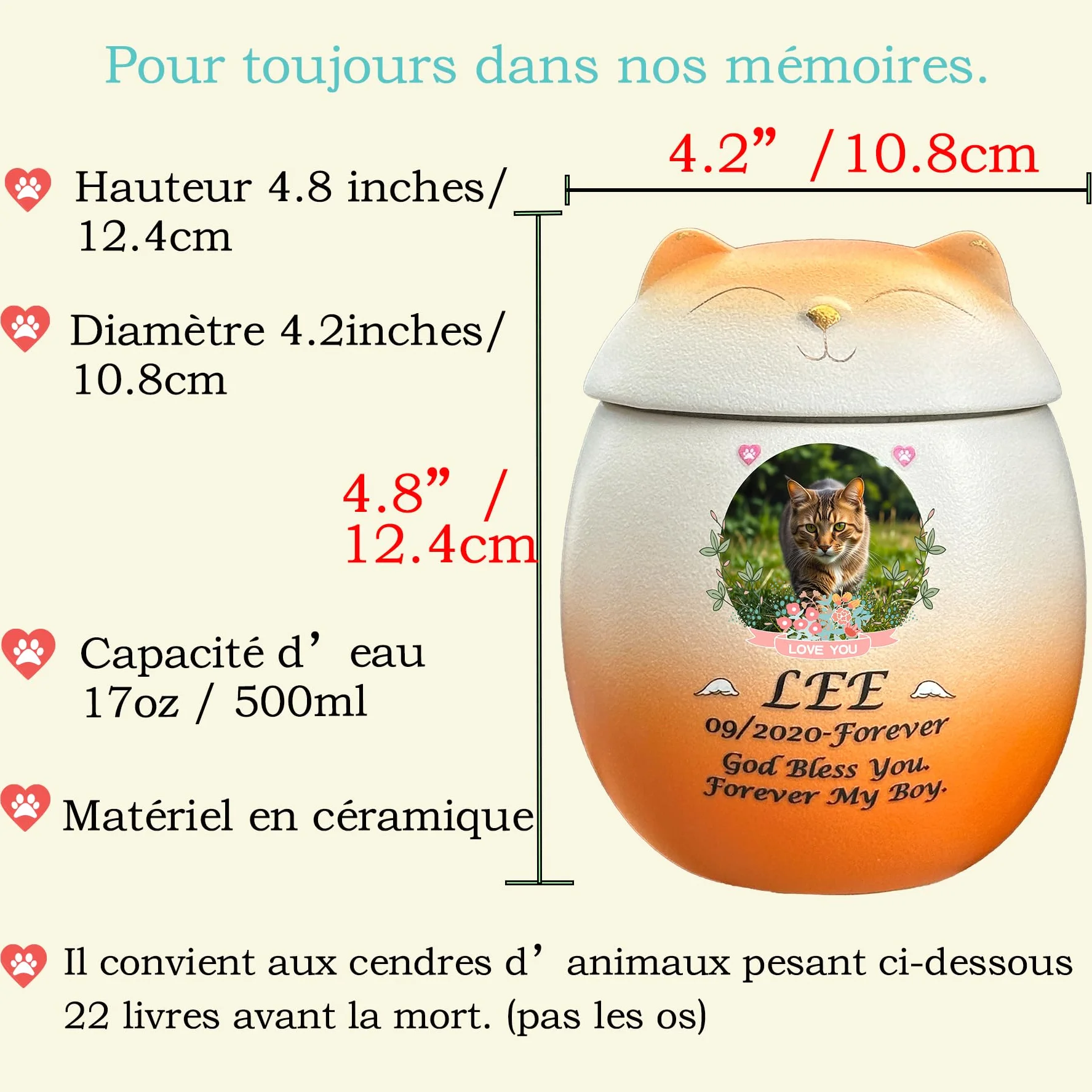 Urne pour Chat Personnalisée Handmade Crémation Cendres (oranger)