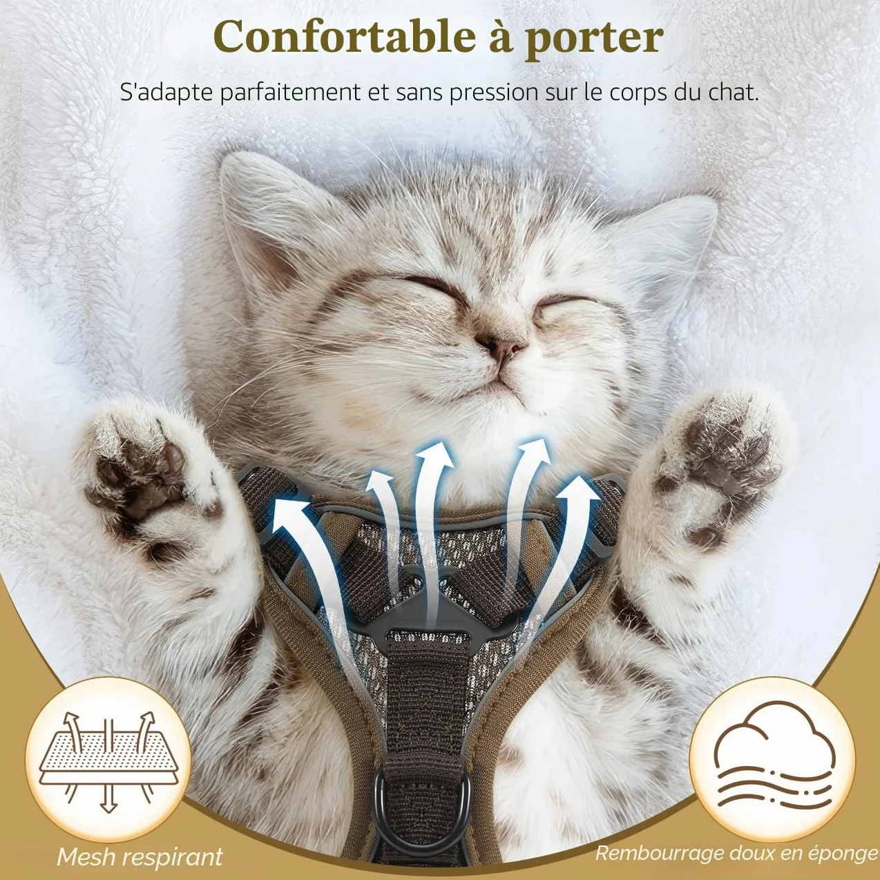 VavoPaw Harnais et Laisse Anti-évasion pour Chat, Ajustable avec Bande Réfléchissante, Filet Respirant, Taille S, Café