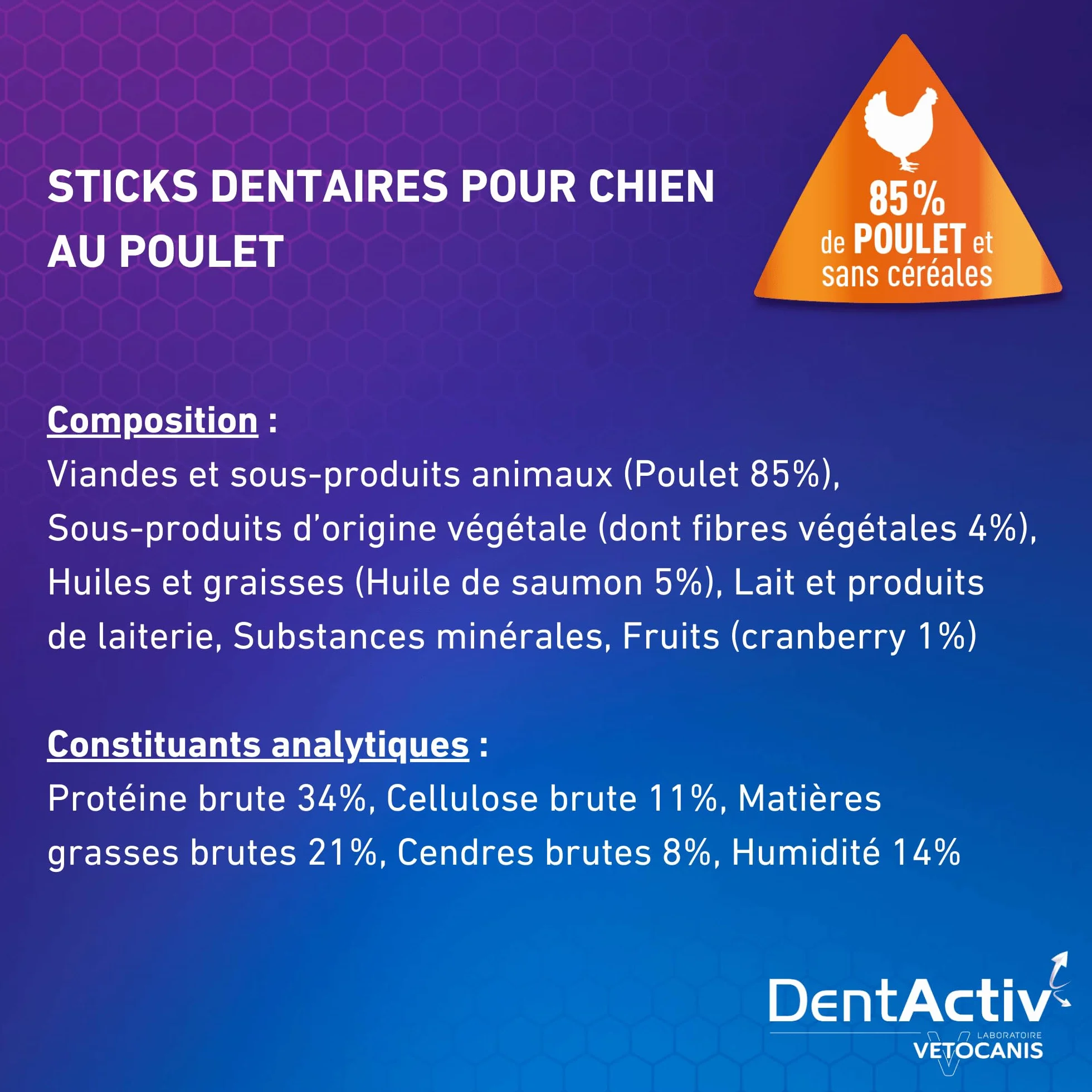 Vetocanis Dentactiv Stick Dentaire Friandises pour Chien 85% Poulet Hygiène Santé 2-15kg
