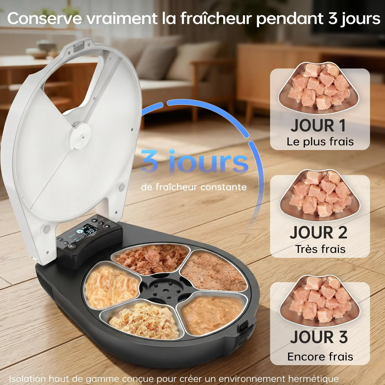 Distributeur Nourriture Humide Chat, 5 Repas Frais, Refroid & Chauff, Bol INOX 304, Automate Programmable