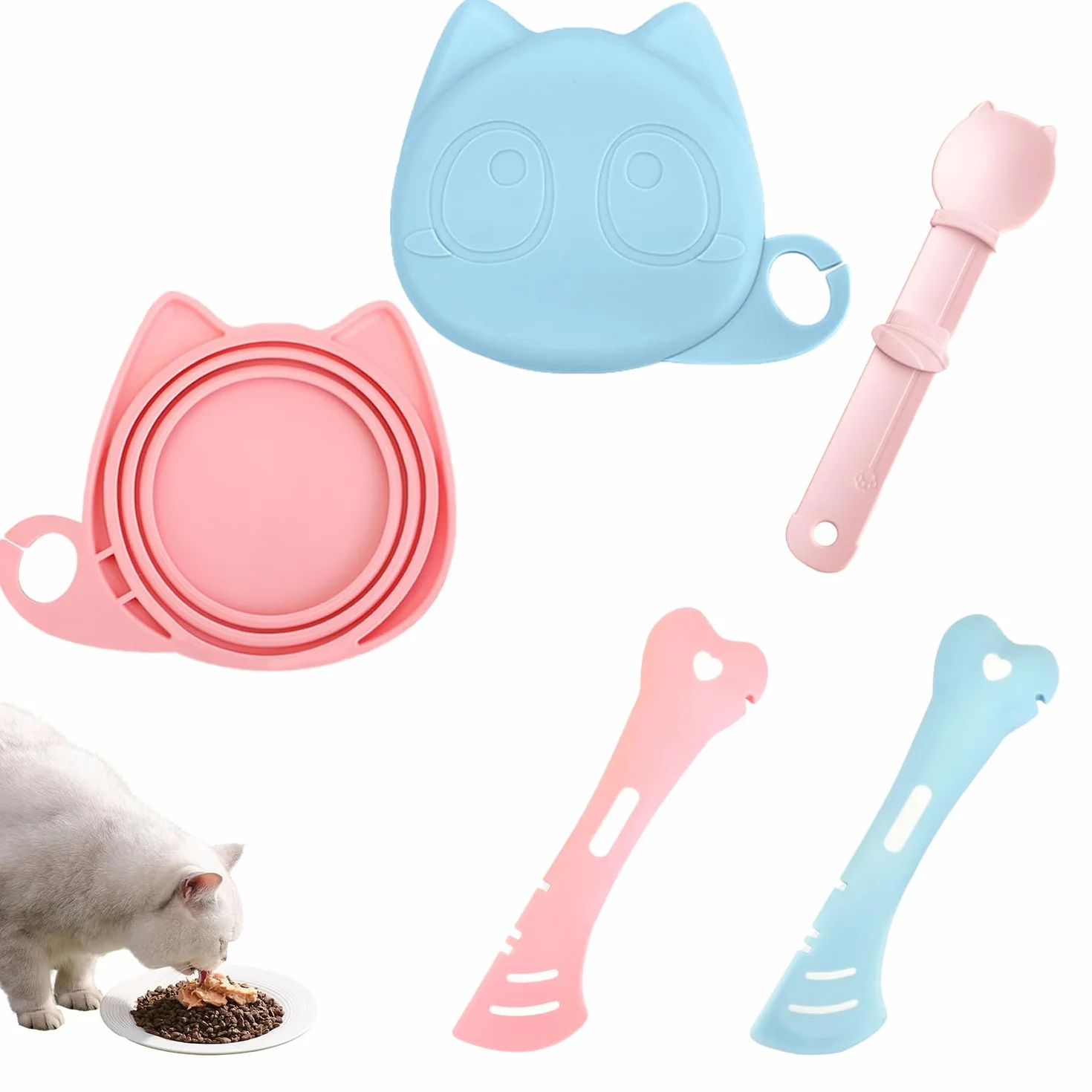 Couvercle Boite de Conserve Ensemble, 2 Pcs Couvercle Silicone et 1 Pcs Cuillères à Nourriture Pour Chat et 2 Pcs Portable Convient Ouvre-Boîte pour Snack Purée Fournitures