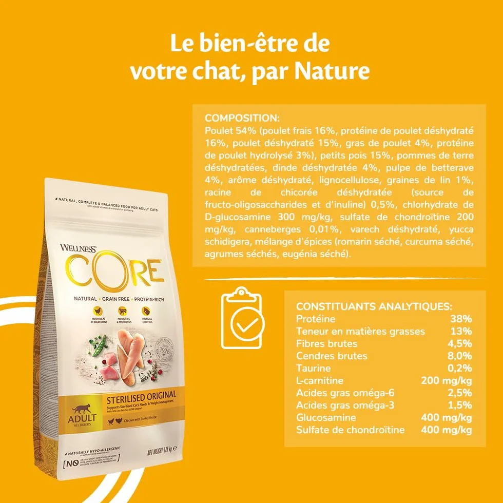 Wellness CORE Original Stérilisé Croquettes pour Chats Stérilisés sans Céréales 4 kg Poulet Dinde