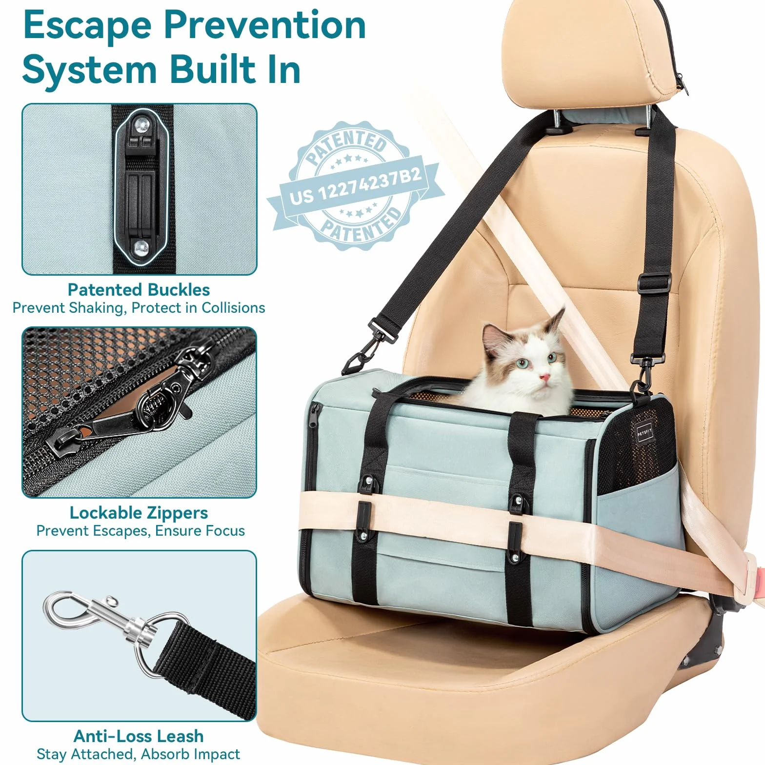 Petsfit Sac de transport souple pour chat et petit chien avec boucles de sécurité et fermetures éclair verrouillables