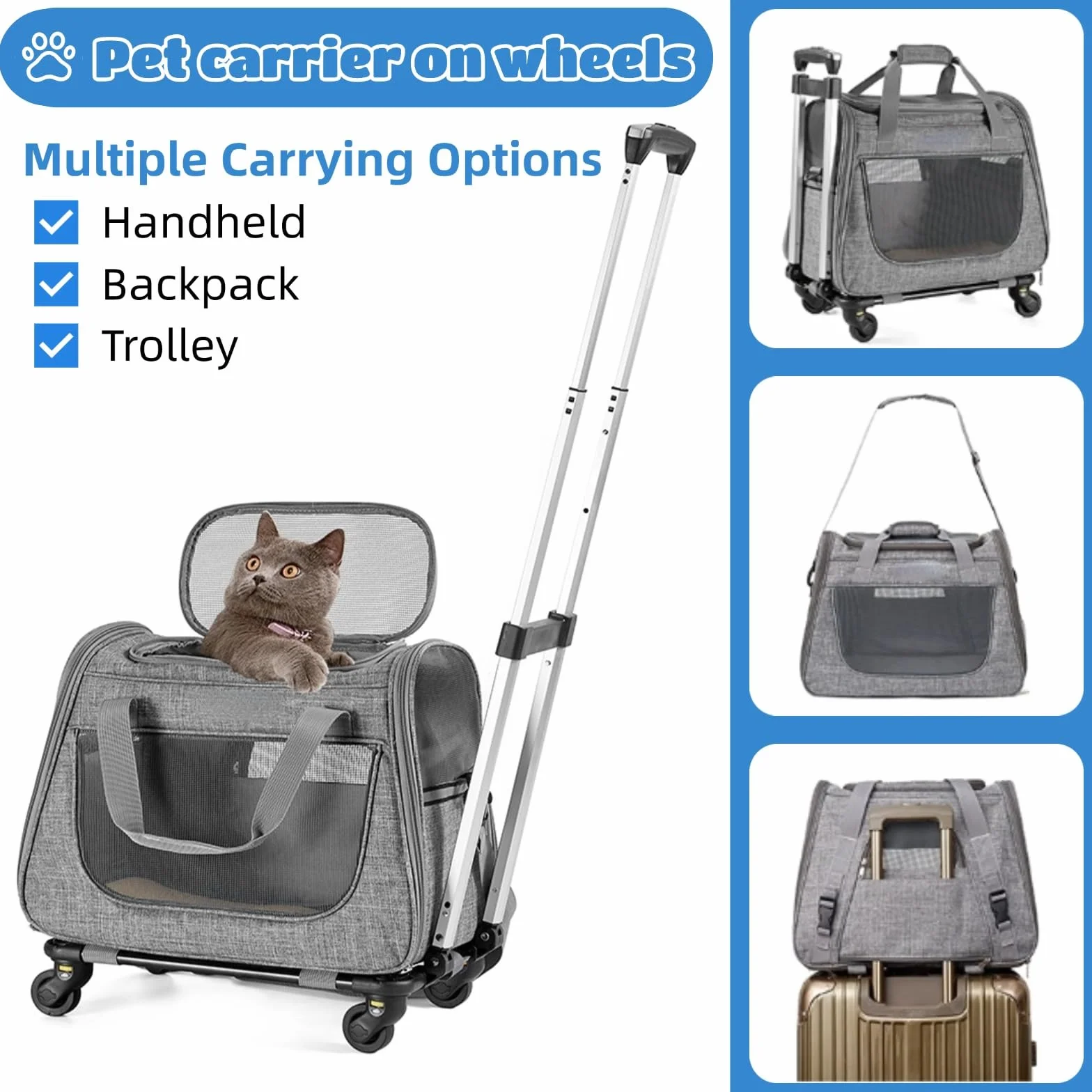 Sac de Transport pour Chat avec Roulettes 2 en 1 Sac à Dos pour Chiens, Visites Vétérinaires, Voyage