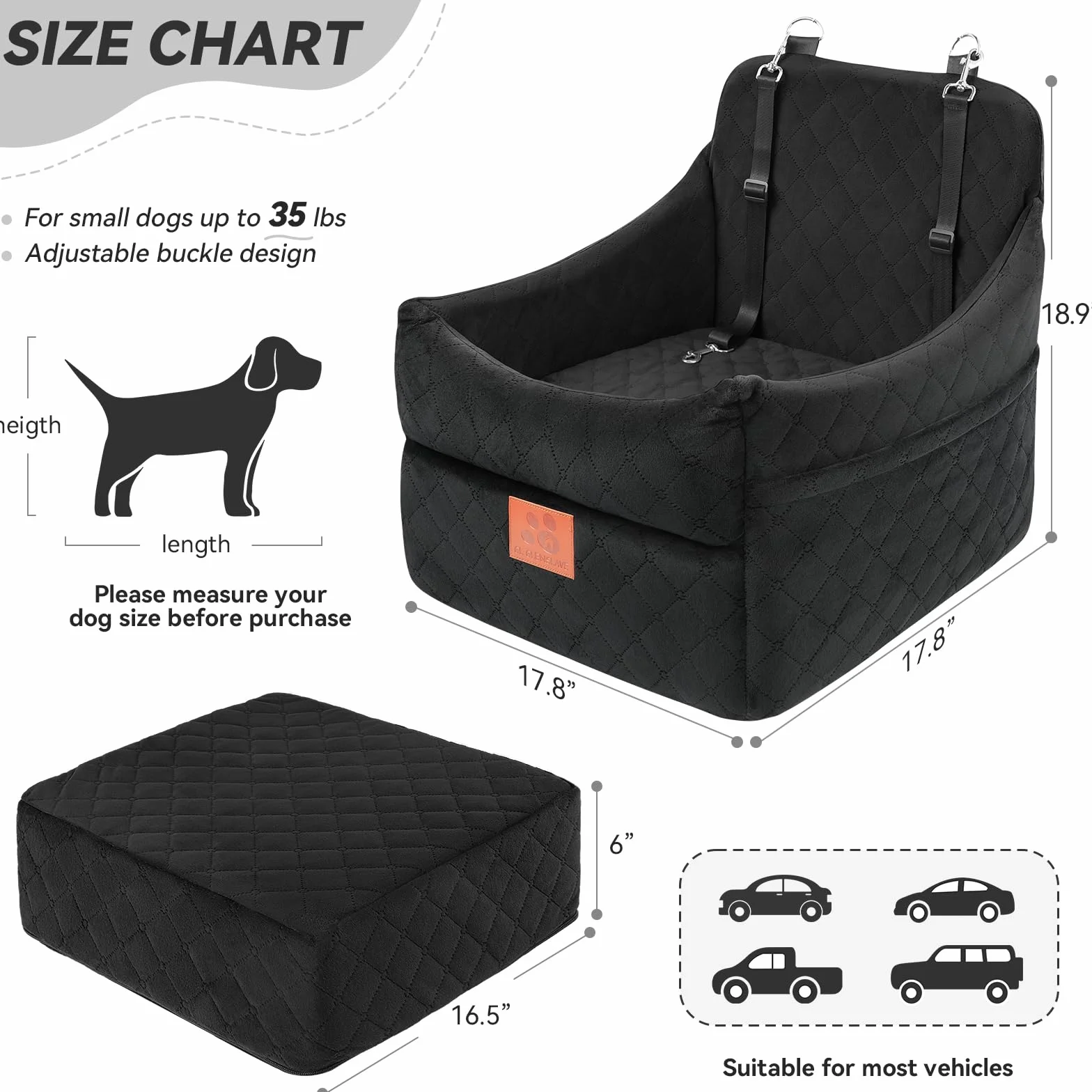 GL GLENSLAVE Siège auto pour chiens de petite/moyenne taille, sièges de voiture rehausseurs pour chiens de moins de 15,9 kg, siège auto amovible et lavable avec poches de rangement, 2 ceintures de