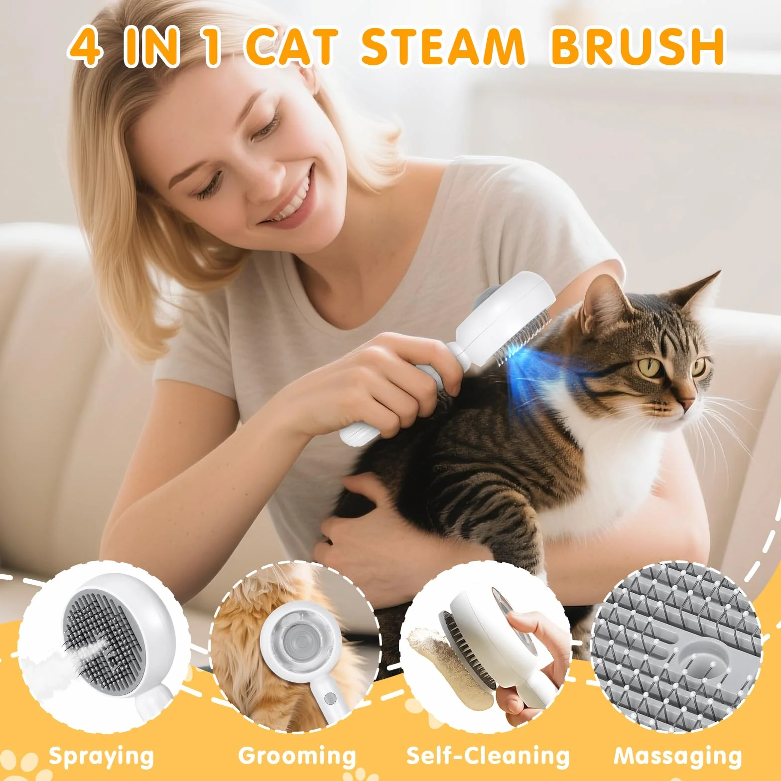 Brosse à Vapeur pour Chat Chiens 4 en 1 Qoosea Autonettoyant, Peigne de Massage en Spray, Blanc
