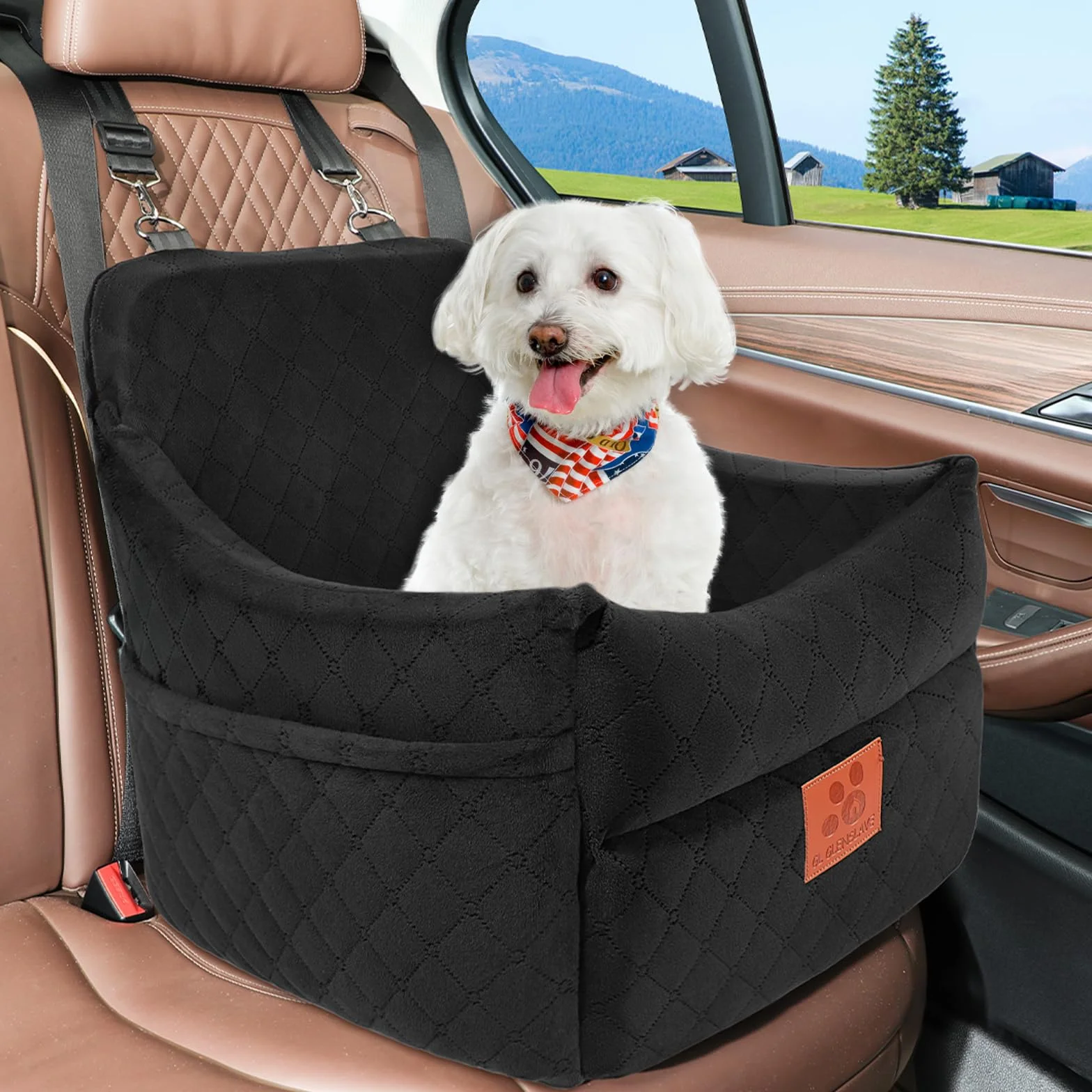 GL GLENSLAVE Siège auto pour chiens de petite/moyenne taille, sièges de voiture rehausseurs pour chiens de moins de 15,9 kg, siège auto amovible et lavable avec poches de rangement, 2 ceintures de