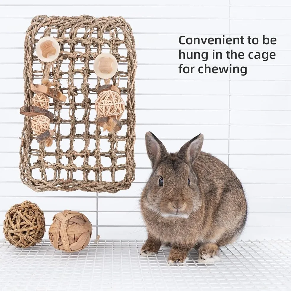 Jouet de Protection Interne pour Dents de Lapin avec Tapis en Jonc de Mer