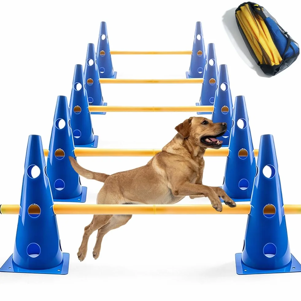 Kit de dressage pour chien Cavaletti Agility - 23 cm hauteur - 10 cônes et 5 barres - Sac en filet