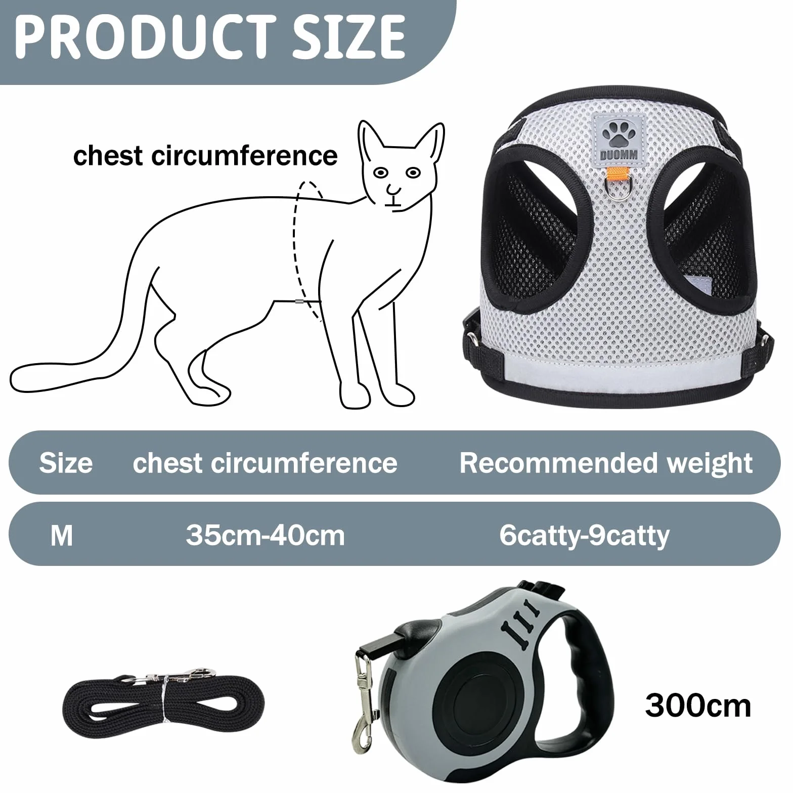 Harnais Chat Rétractable Laisse Réglable Réfléchissant 3m pour Petit Chien