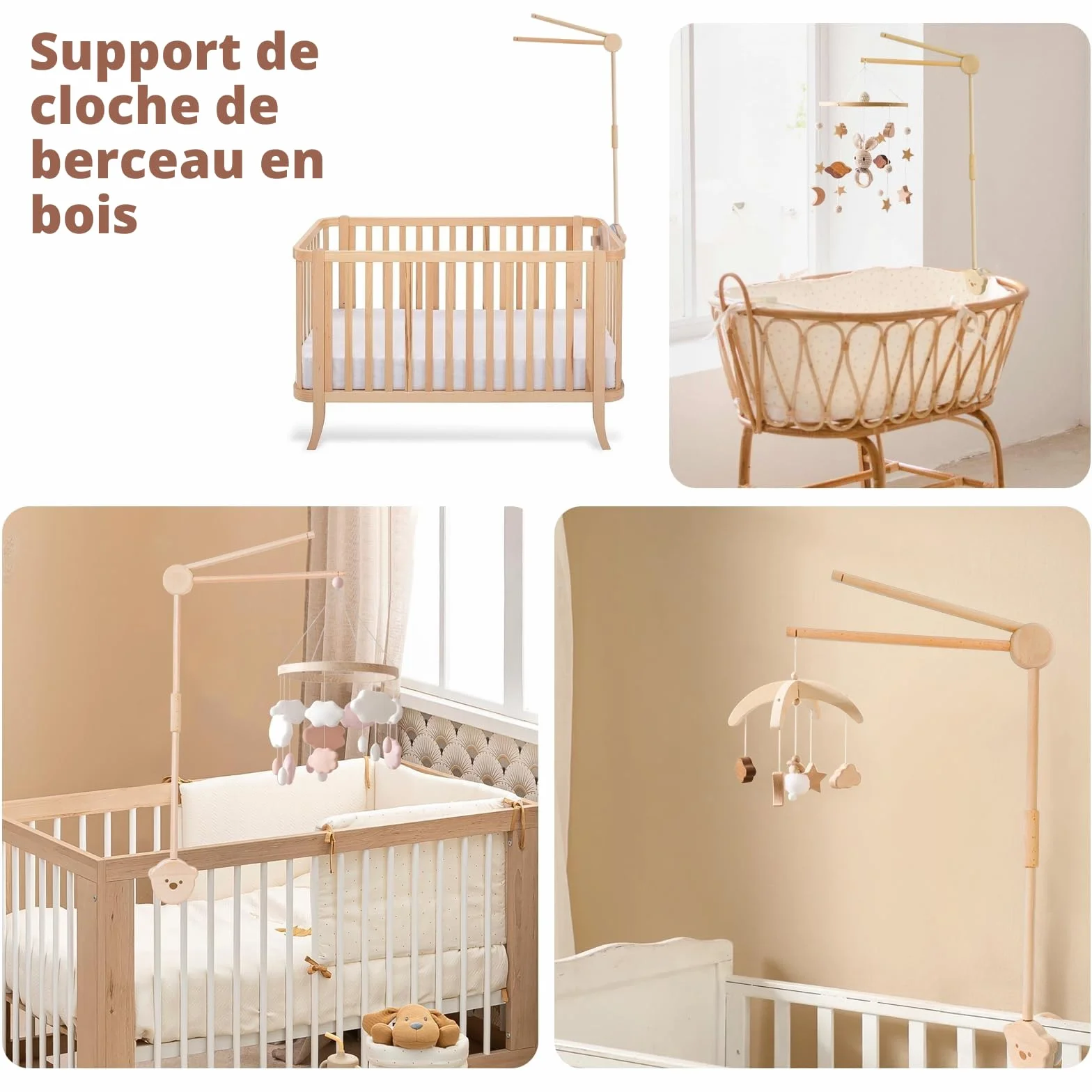 Support Mobile Bébé Bois, Bras Mobile Rotatif, Base Ours, Lit Enfant Table à Langer