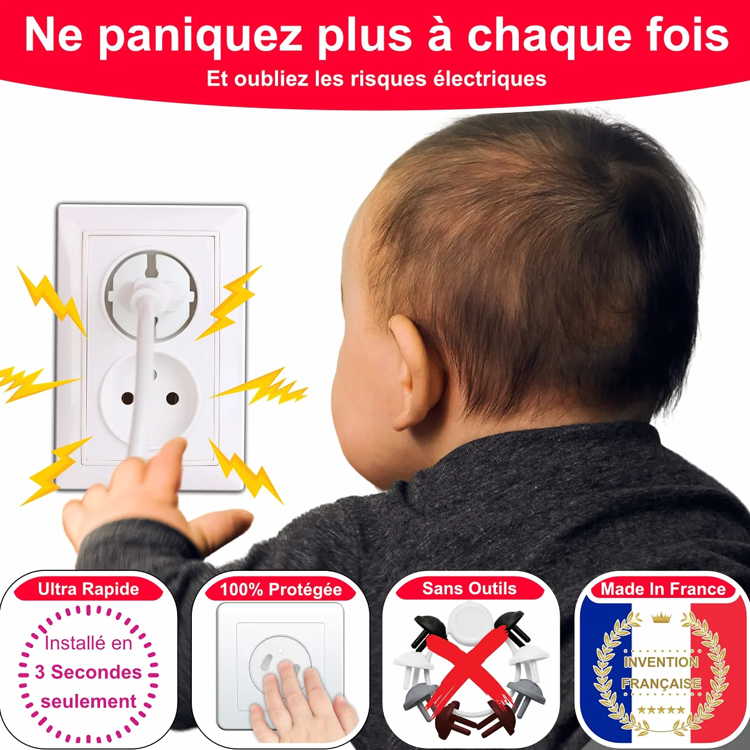 Cache Prise Bébé Français sans Clef Ni Adhésif - Protection Enfant - Cache-Prise Électrique Maison Puériculture
