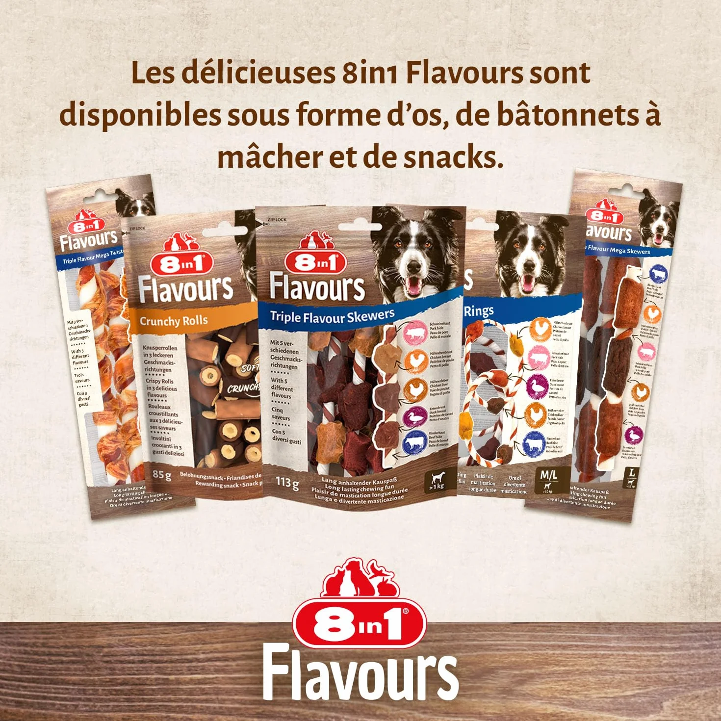 8in1 Triple Flavour Mega Twisted Sticks - Grandes bâtonnets à mâcher au Filet de Poulet, Peau de Porc et de bœuf – 140 g (2 pièces)