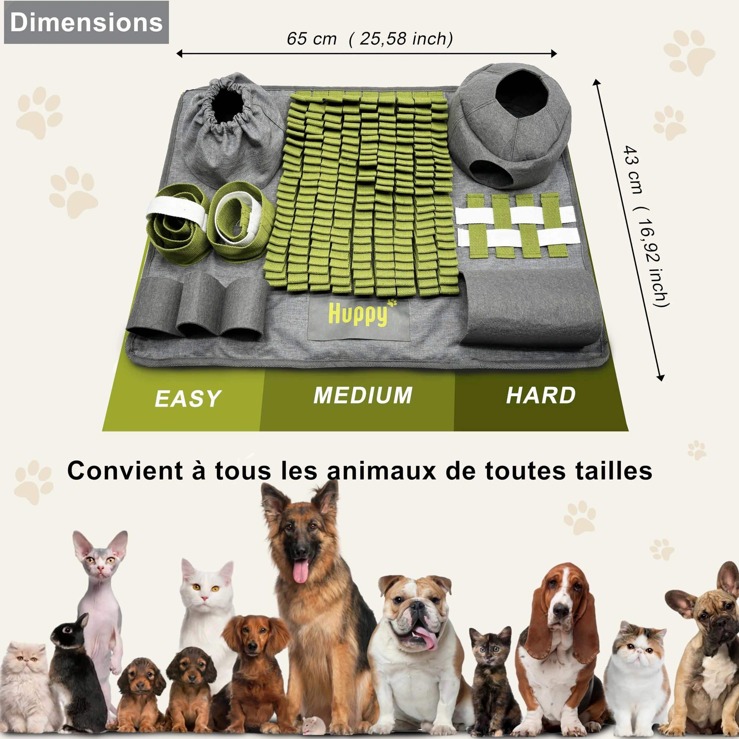 Huppy Tapis de Fouille Chien, Chat – Tapis à Renifler en Tissu Renforcé – Snuffle Mat – Gamelle Anti Glouton, Léchage – Jouet d’Occupation Chiot, Puzzle Alimentation