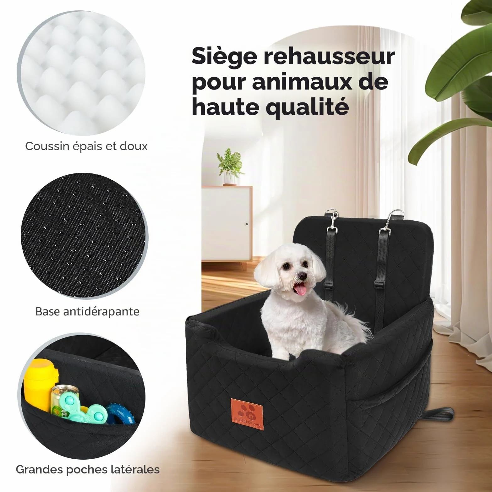 GL GLENSLAVE Siège auto pour chiens de petite et moyenne taille de moins de 15,9 kg, siège rehausseur en mousse à mémoire de forme, amovible et lavable, lit pour chien avec 2 ceintures de sécurité