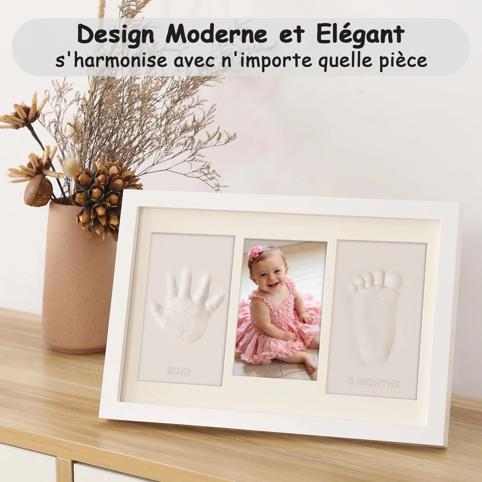 Cadre Empreinte Main Pied Bébé avec Argile Anti-Fissuration Blanc, Kit Cadeau Naissance