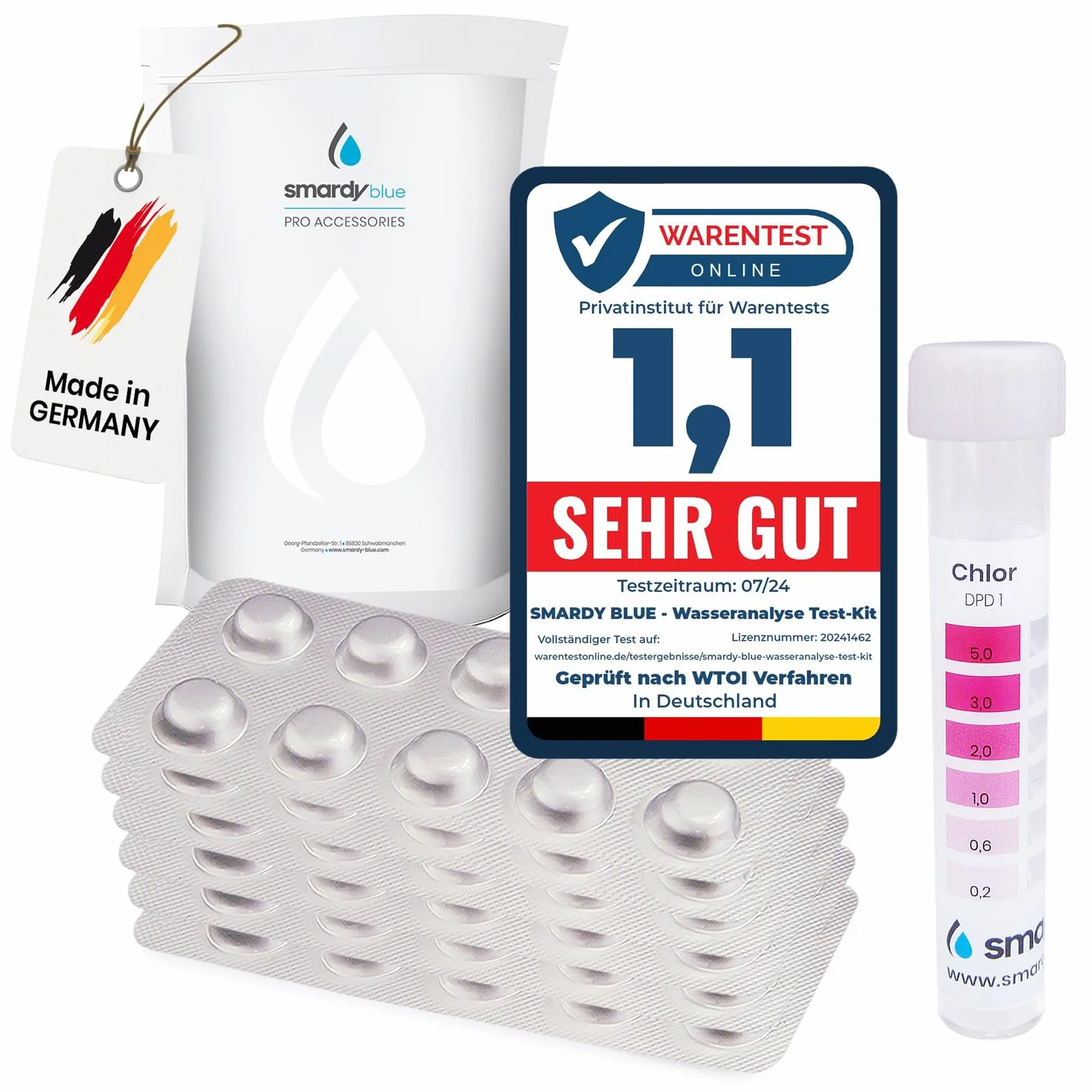 Pastilles Test Rapide pour Piscine & Spa - Test pH et Chlore avec Phenol Red & DPD1, Analyse Eau Piscine, Jacuzzi & Eau Potable, Tube à Essai, Made in Germany
