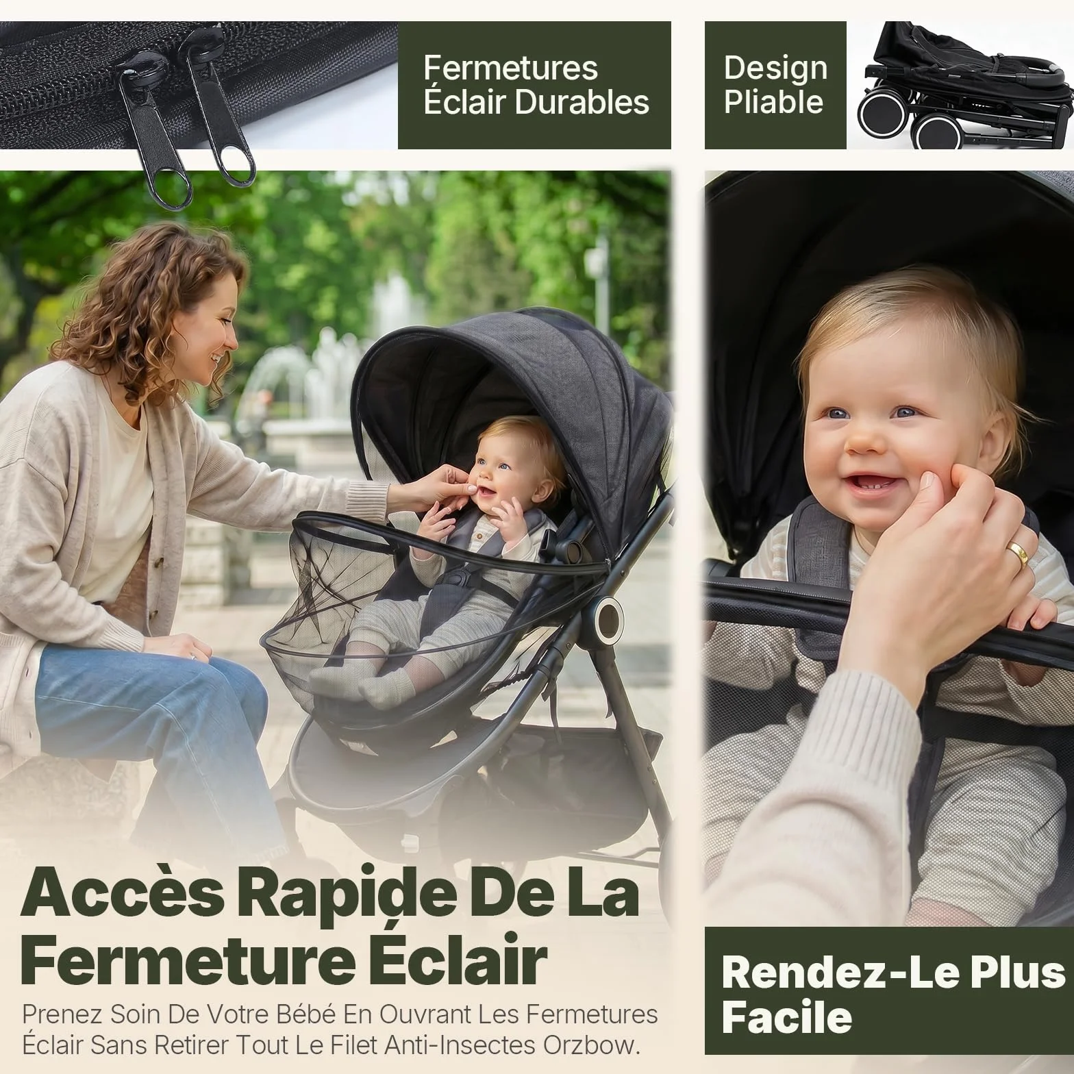 Orzbow Moustiquaire Poussette Universelle avec Fermeture éclair, Respirant Protection Anti-Insectes, 3D PVC Tissu à Maille Fine, Sac Inclus (Noir)