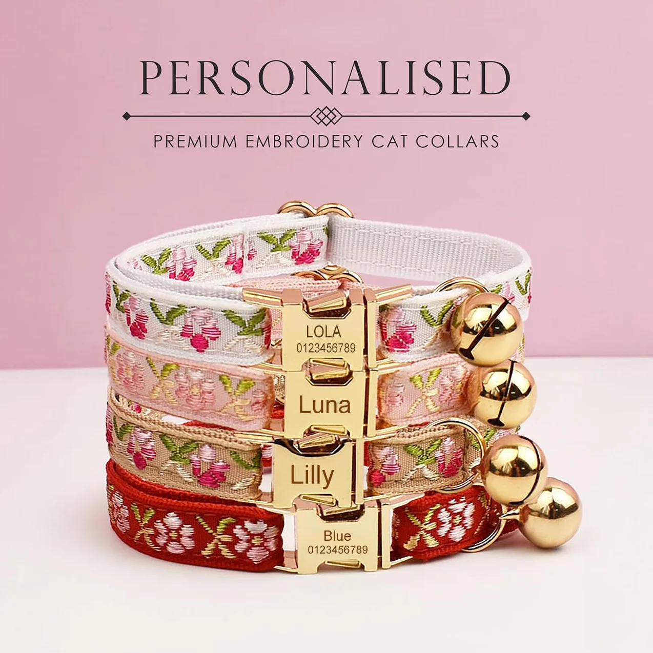 Collier personnalisé pour chat avec nom et numéro gravés, boucle métal, réglable (jacquard floral)