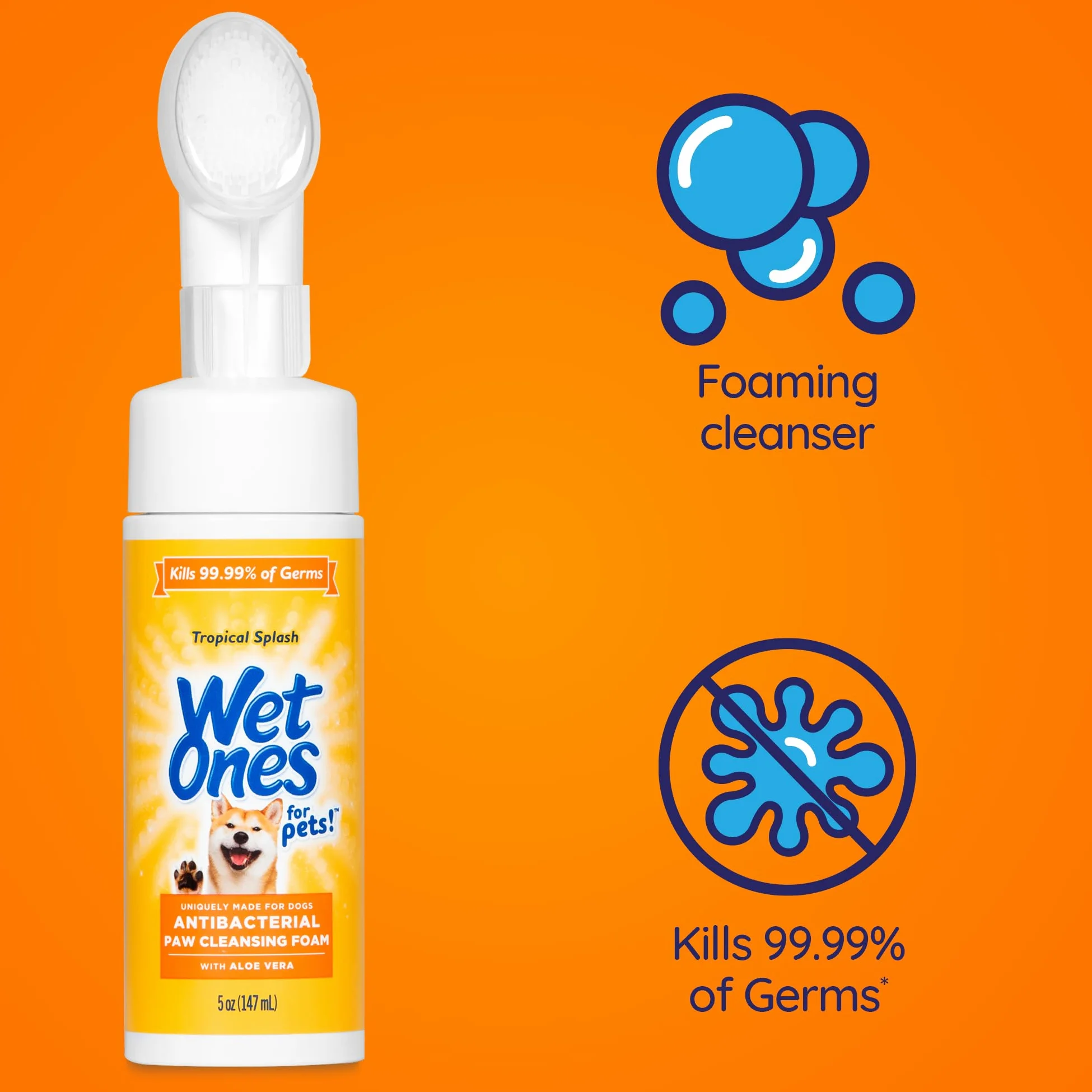 Wet Ones for Pets Lot de 6 nettoyeurs antibactériens pour pattes de chien avec brosse à récurer intégrée, parfum éclaboussures tropicales, nettoyant moussant pour pattes de chien, nettoyeur de pattes