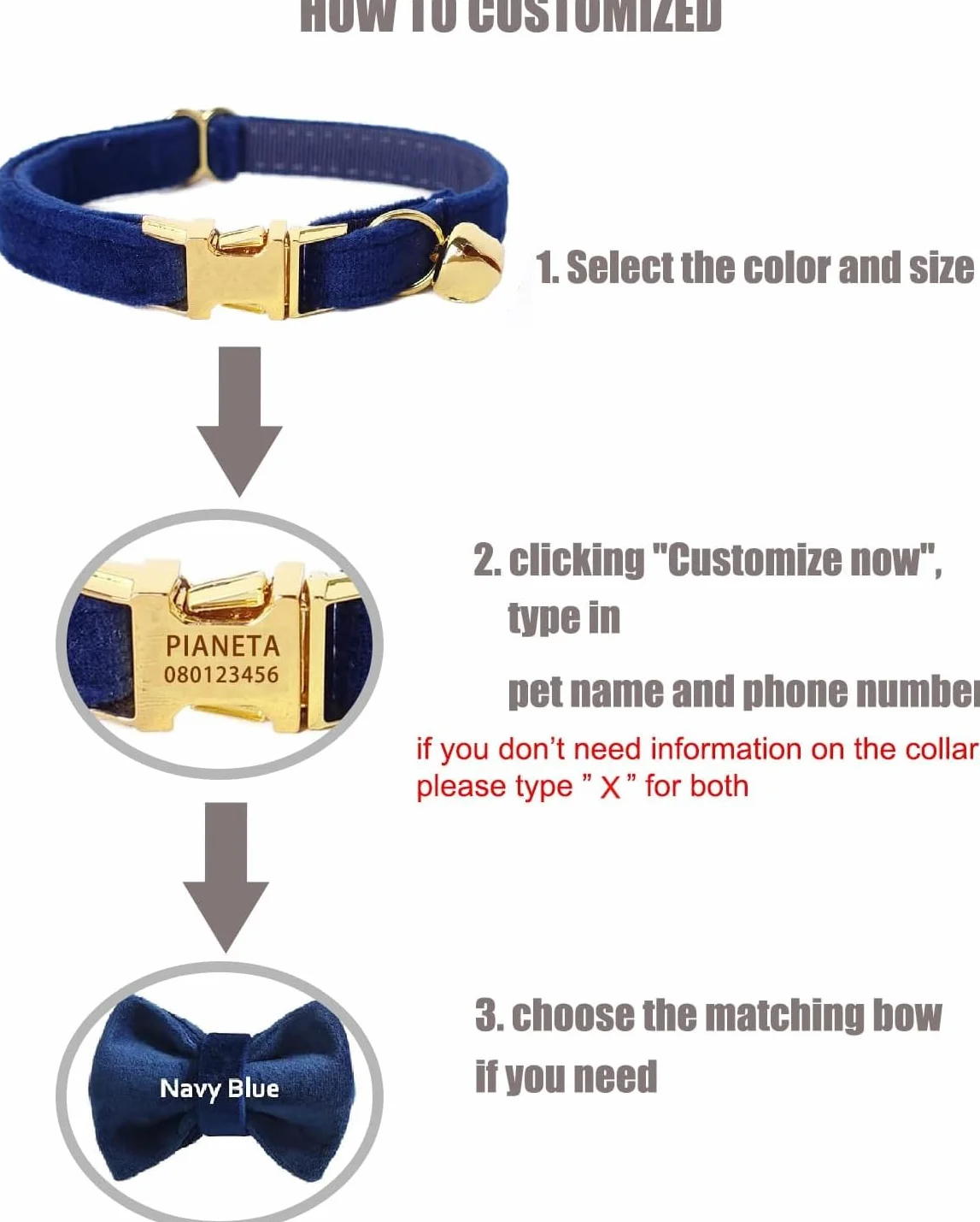 Collier Personnalisé pour Chat avec Gravure Nom Téléphone, Tissu Velours Doux, Boucle Métal Sécurisée, Bleu Marine, L 20-32cm
