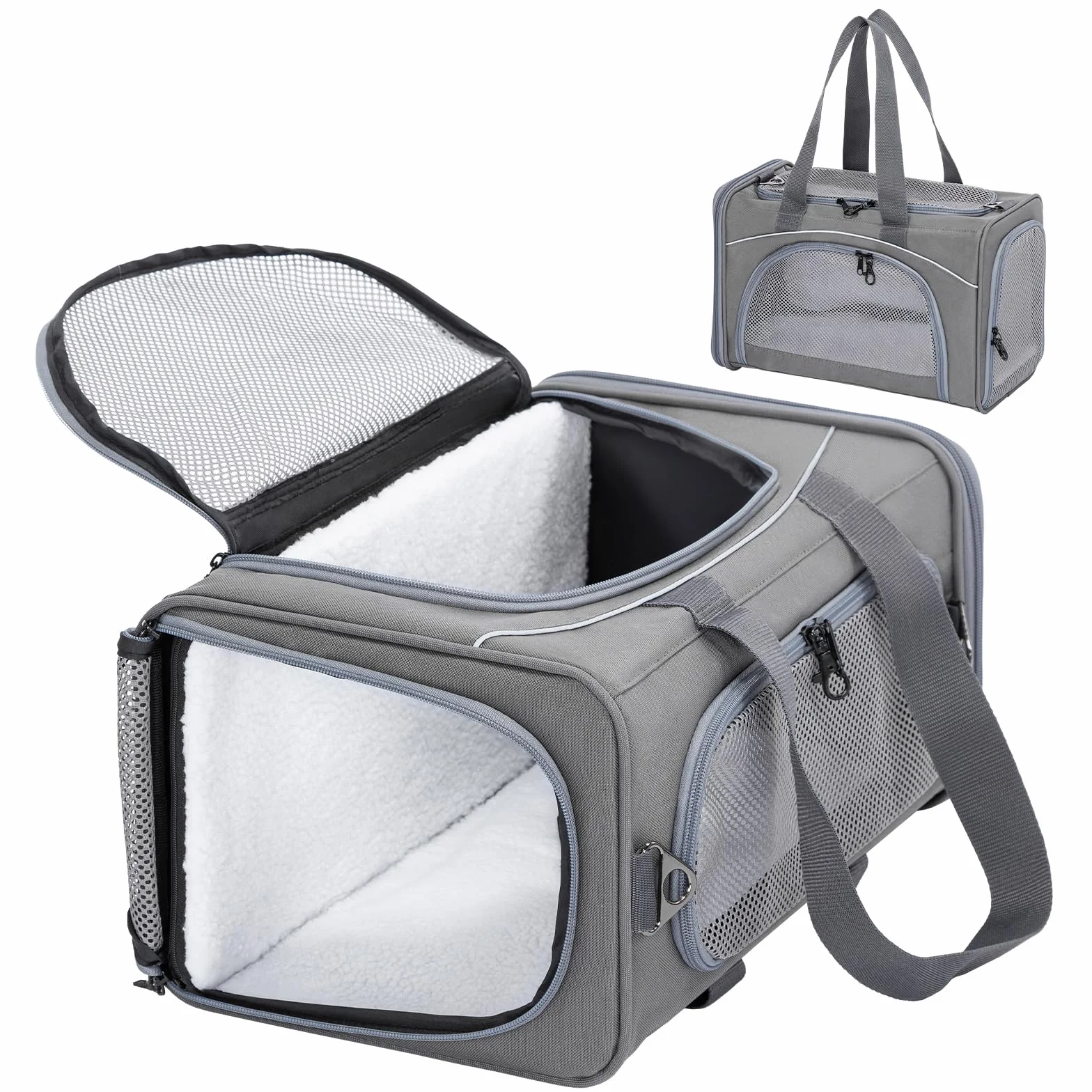 Petsfit Sac de Transport Démontable Lavable avec 2 Coussins pour Chien Chat - Caisse de Transport Pliable Bandoulière pour Voyage Avion, Voiture - S/Gris