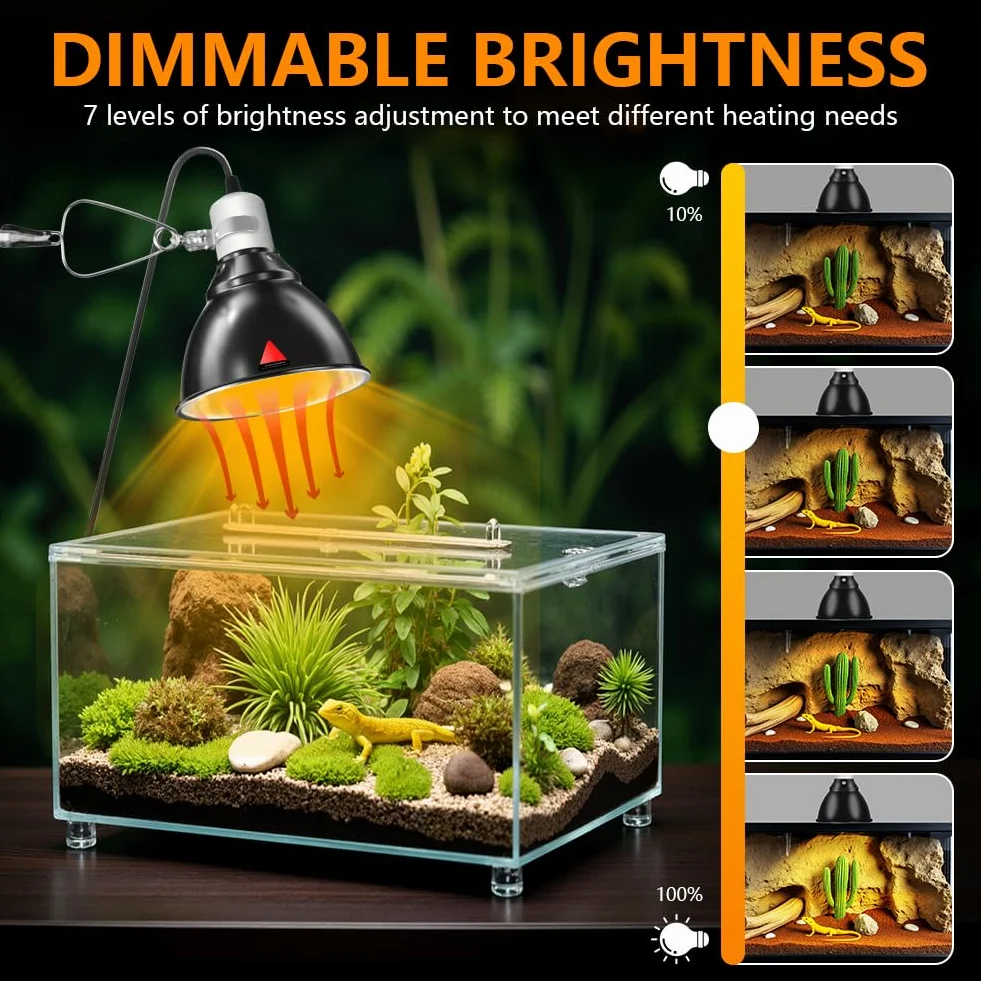HOTUT Abat-jour chauffant pour reptile E27 avec clip, contrôle temps température, lampe dôme terrarium UVA UVB