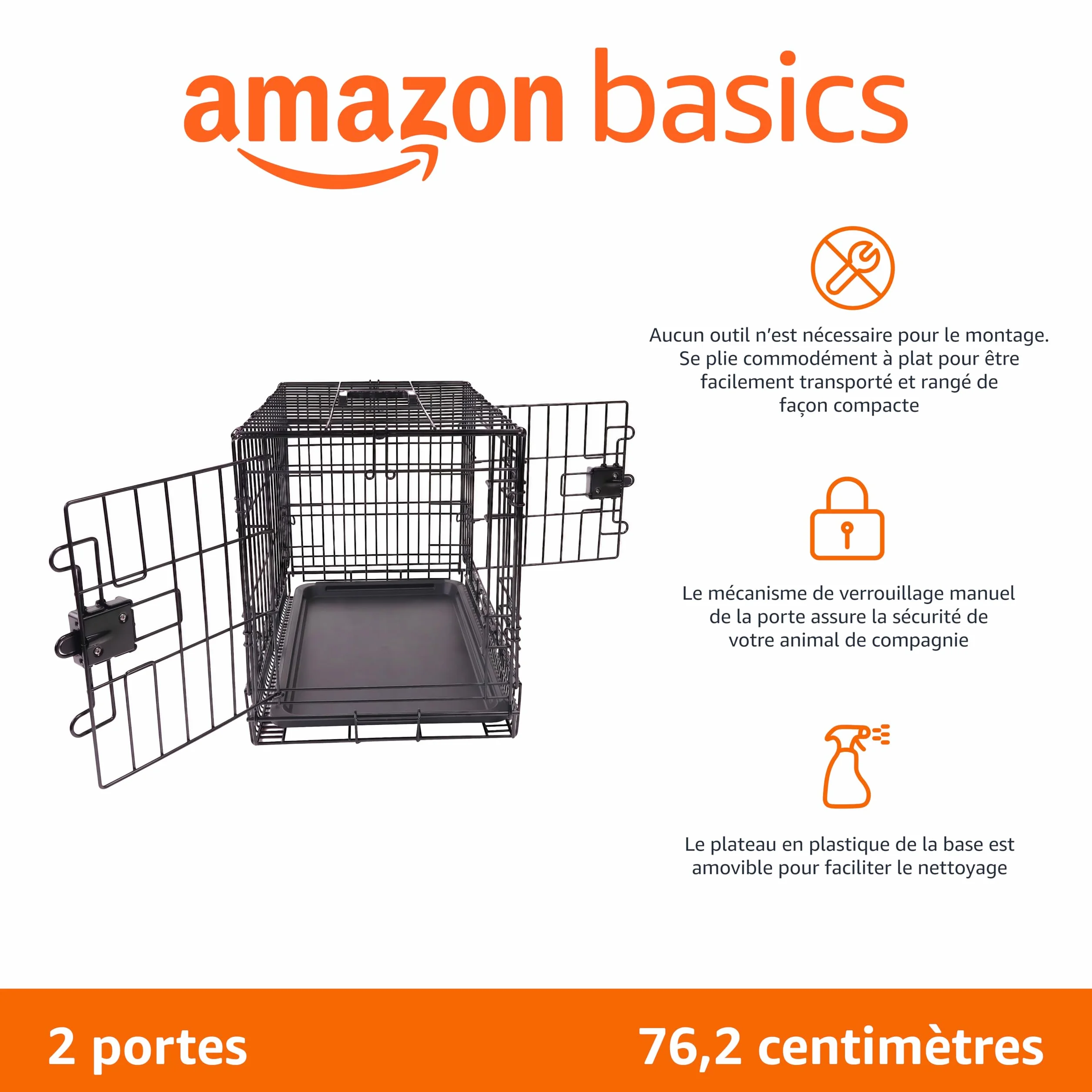 Amazon Basics Cage pour chien Durable Pliable en fil métallique avec plateau Double porte L 76 x l 48 x H 53 cm Noir