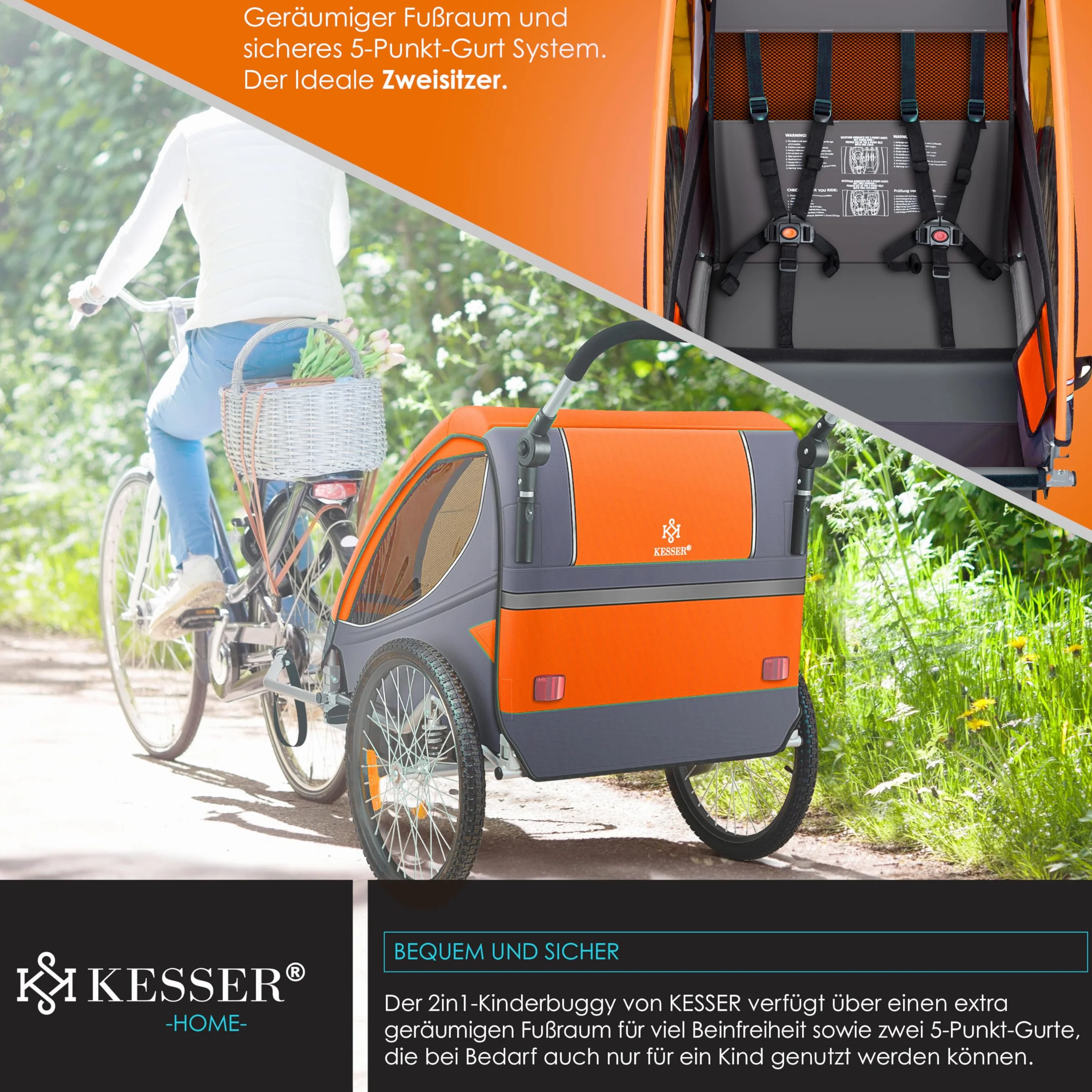 KESSER Remorque de vélo pour enfant pivotante 360° avec suspension 2 en 1, charge max 40 kg